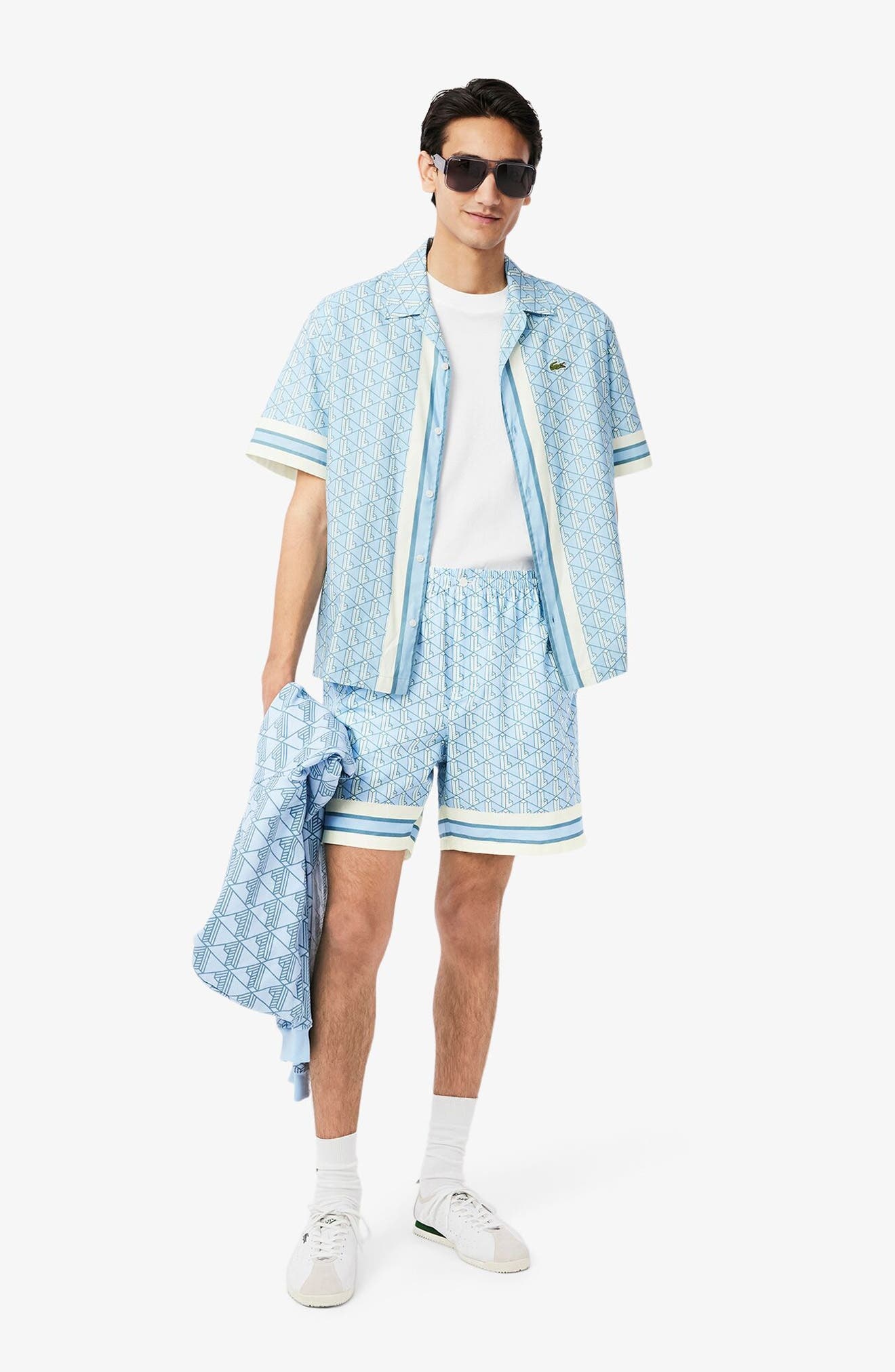Lacoste Monogram Relaxed Fit Pull-On Shorts in Gil Overview/Limestone at Nordstrom - 5