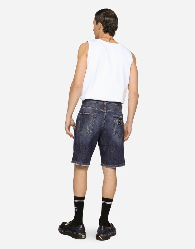Blue denim shorts with rips and embroidery - 2