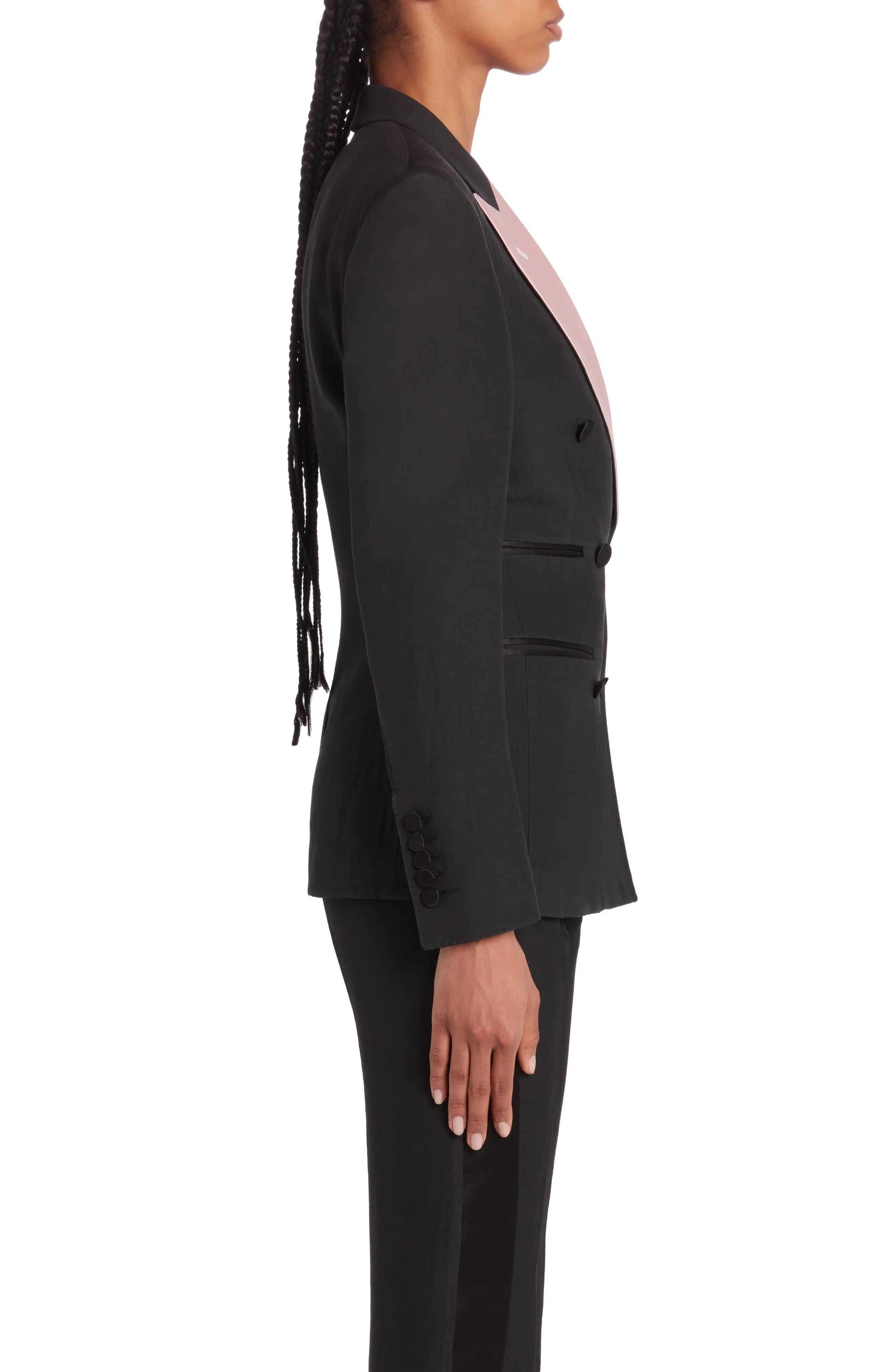 Contrast Lapel Wool & Silk Tuxedo Jacket in Black/Ballet Slipper - 4