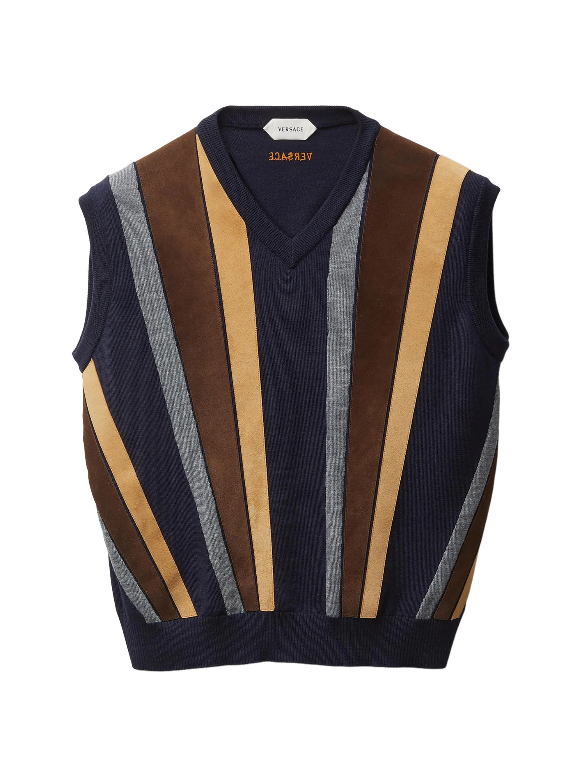 Women's Striped Leather Patchwork Sleeveless Virgin Wool Vest - Navy - 1