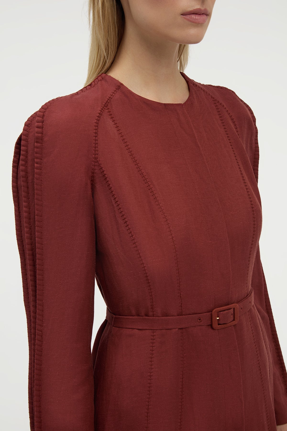 Niles Pleated Maxi Shirtdress in Burnt Sienna Linen Silk Twill - 5