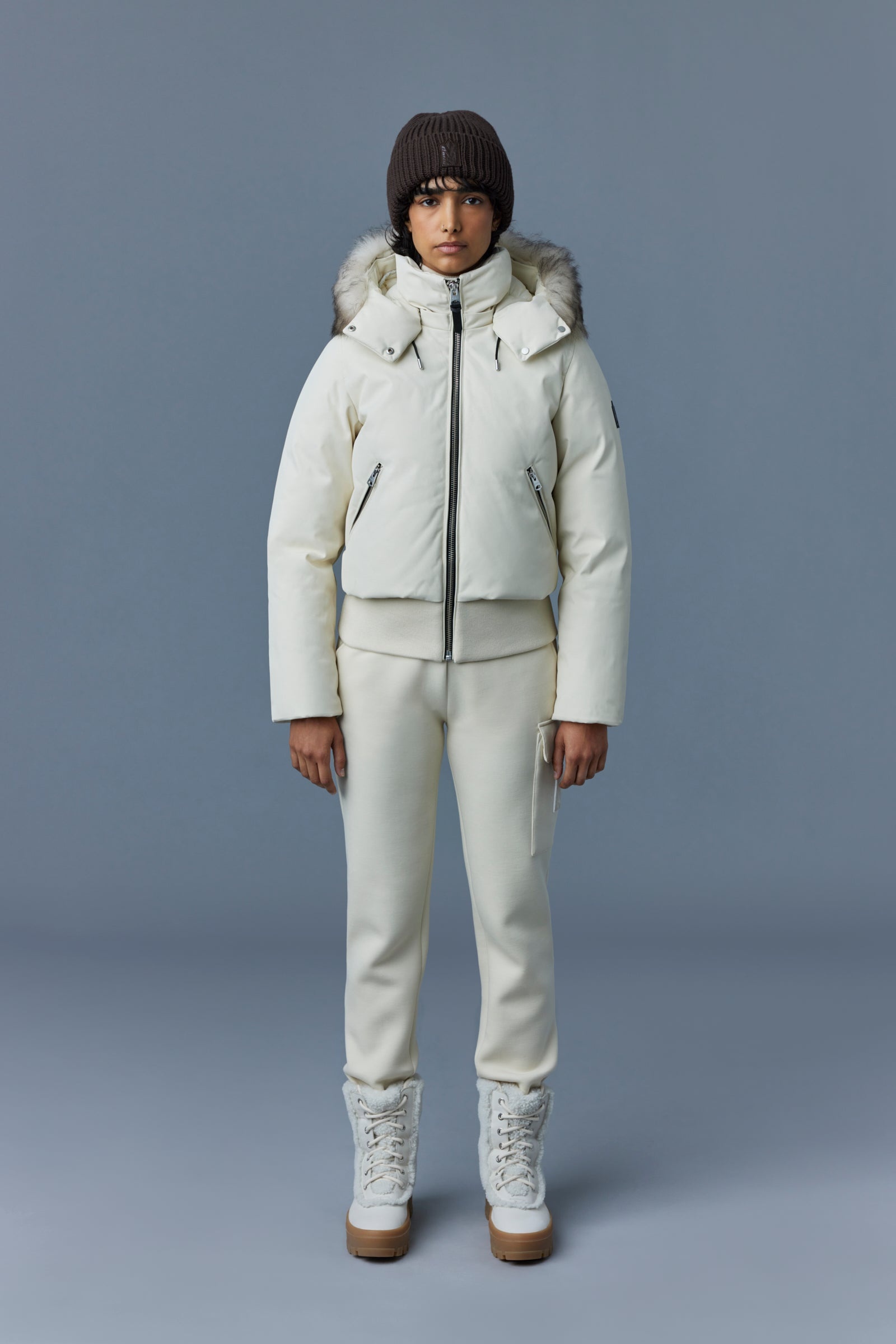 CORY Twill down bomber with removable hood and sheepskin trim for ladies - 2