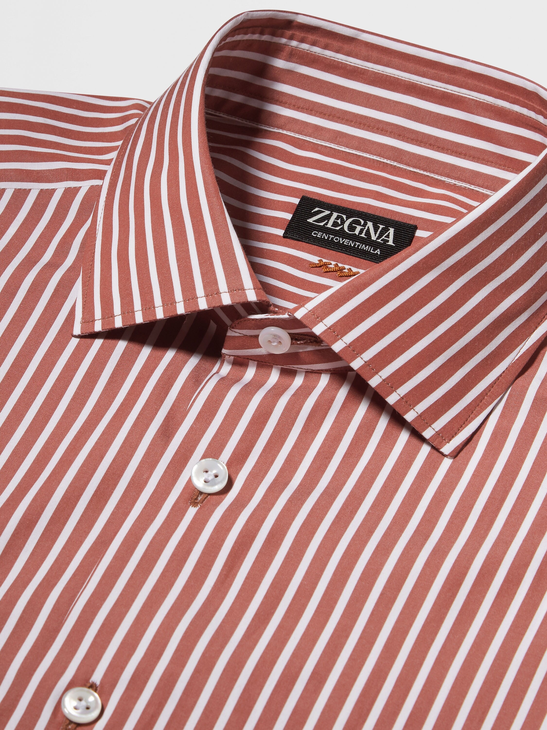 BRICK RED AND WHITE MACRO-STRIPED CENTOVENTIMILA COTTON SHIRT - 3