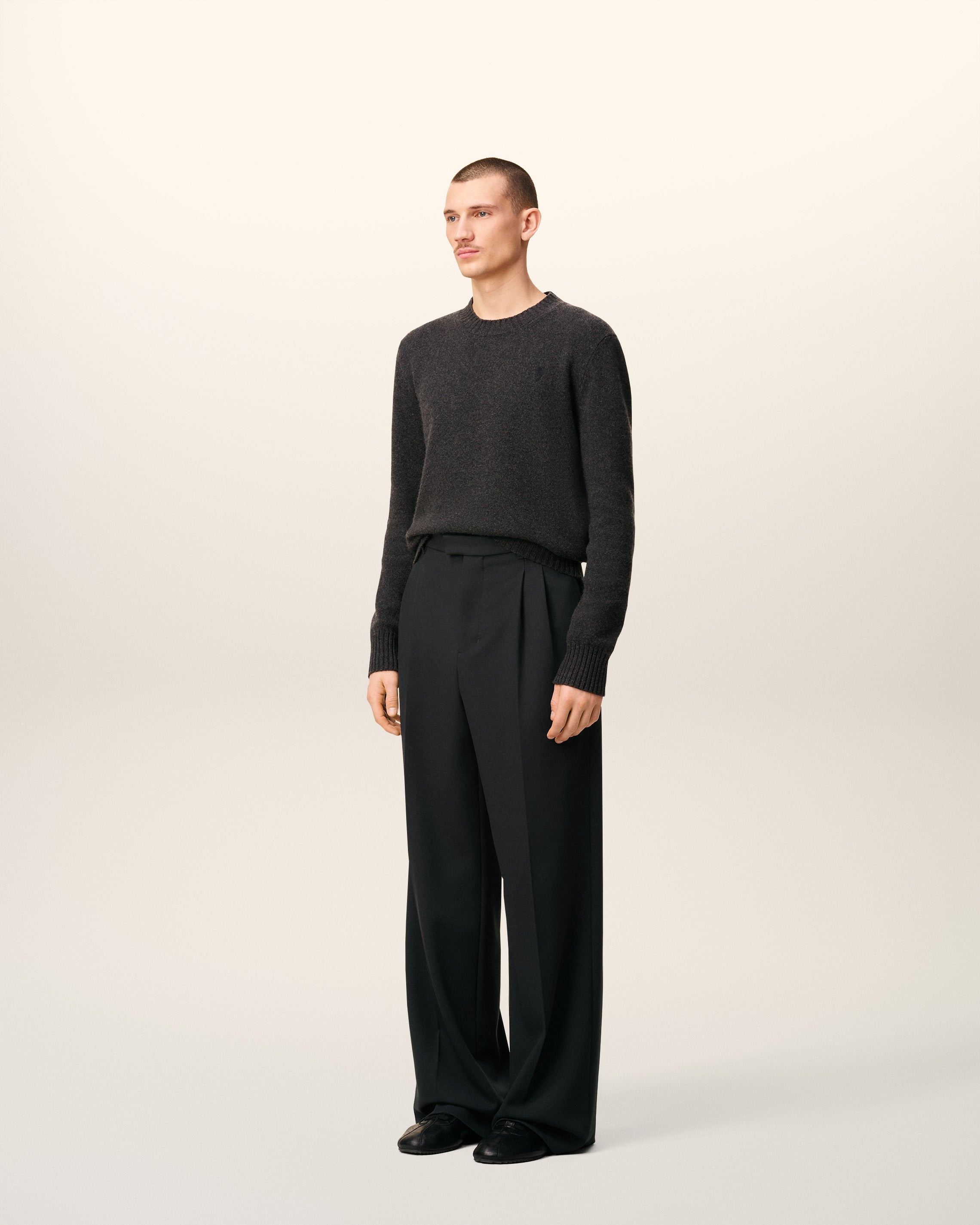 BLACK WOOL LOW WAIST WIDE TROUSERS - 6