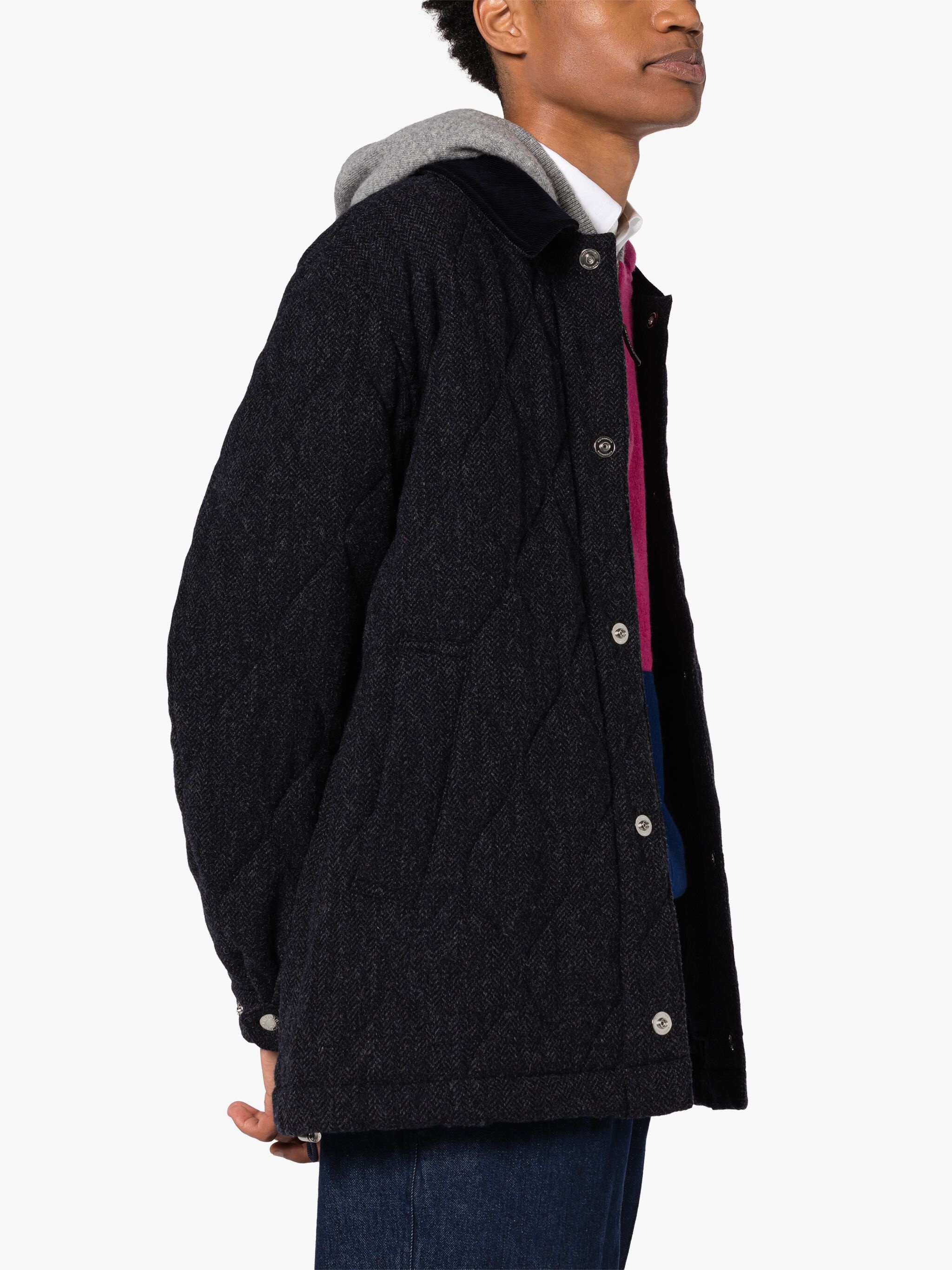 TEEMING NAVY HERRINGBONE WOOL QUILTED COACH JACKET - 5