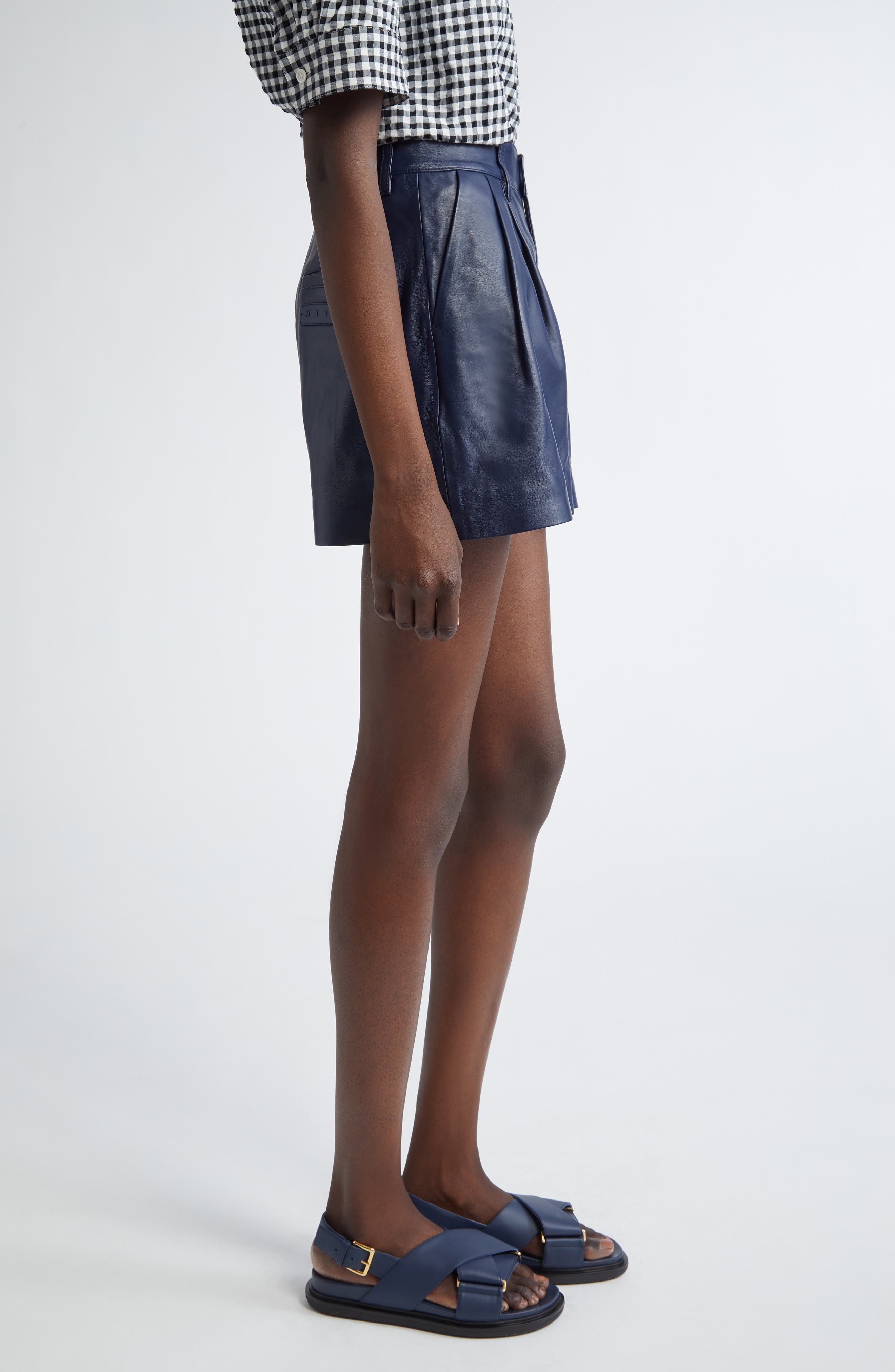 Marni Pleated Leather Shorts in Blue at Nordstrom - 4