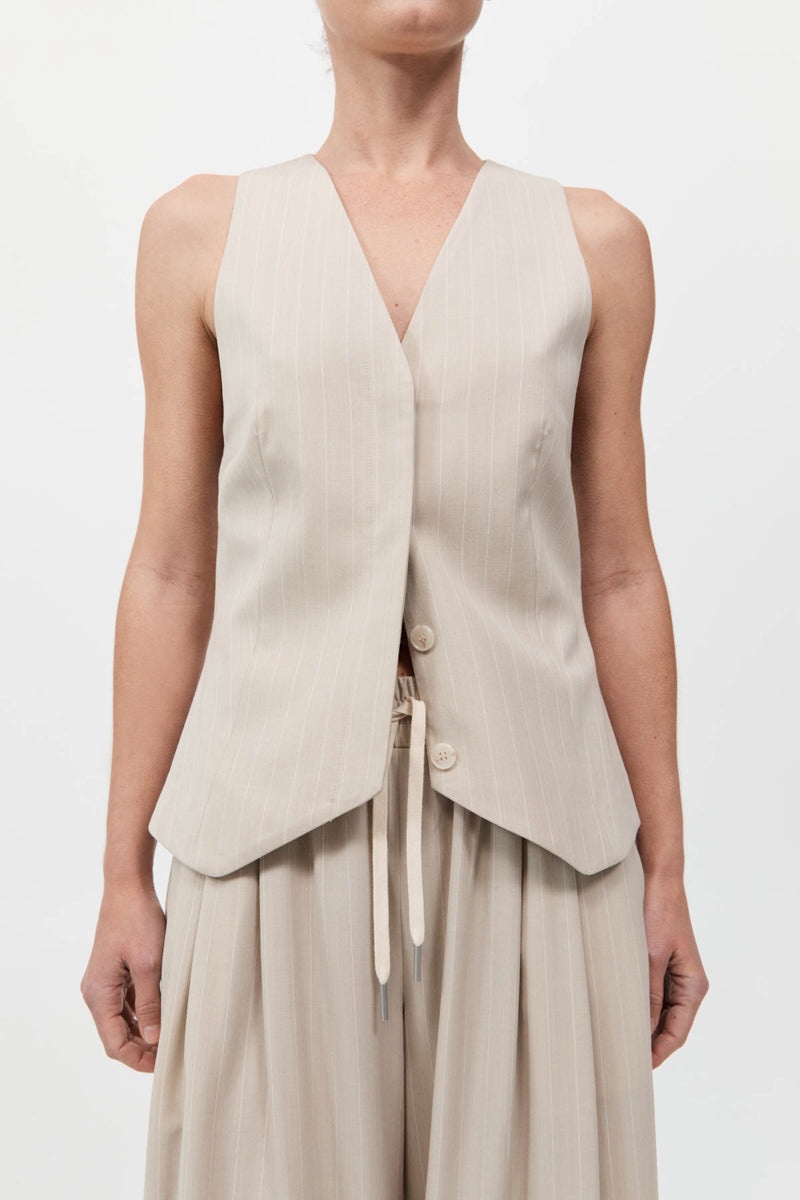 Pinstripe Wool Vest - Latte - 3