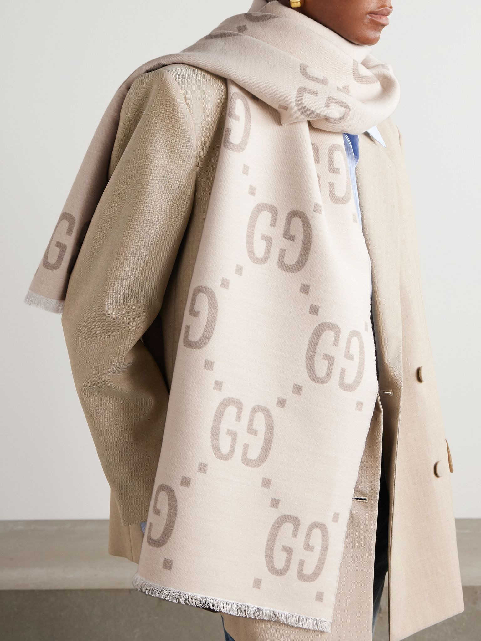 Logo-jacquard wool and silk-blend scarf Ivory - 2