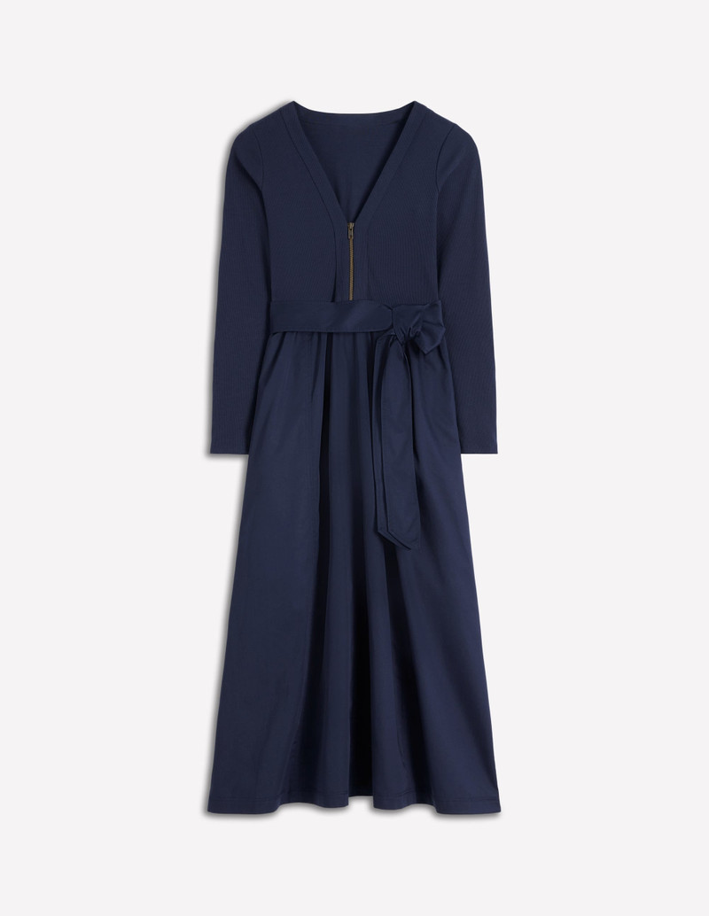 Long Sleeve Mix Media Dress-Navy 1
