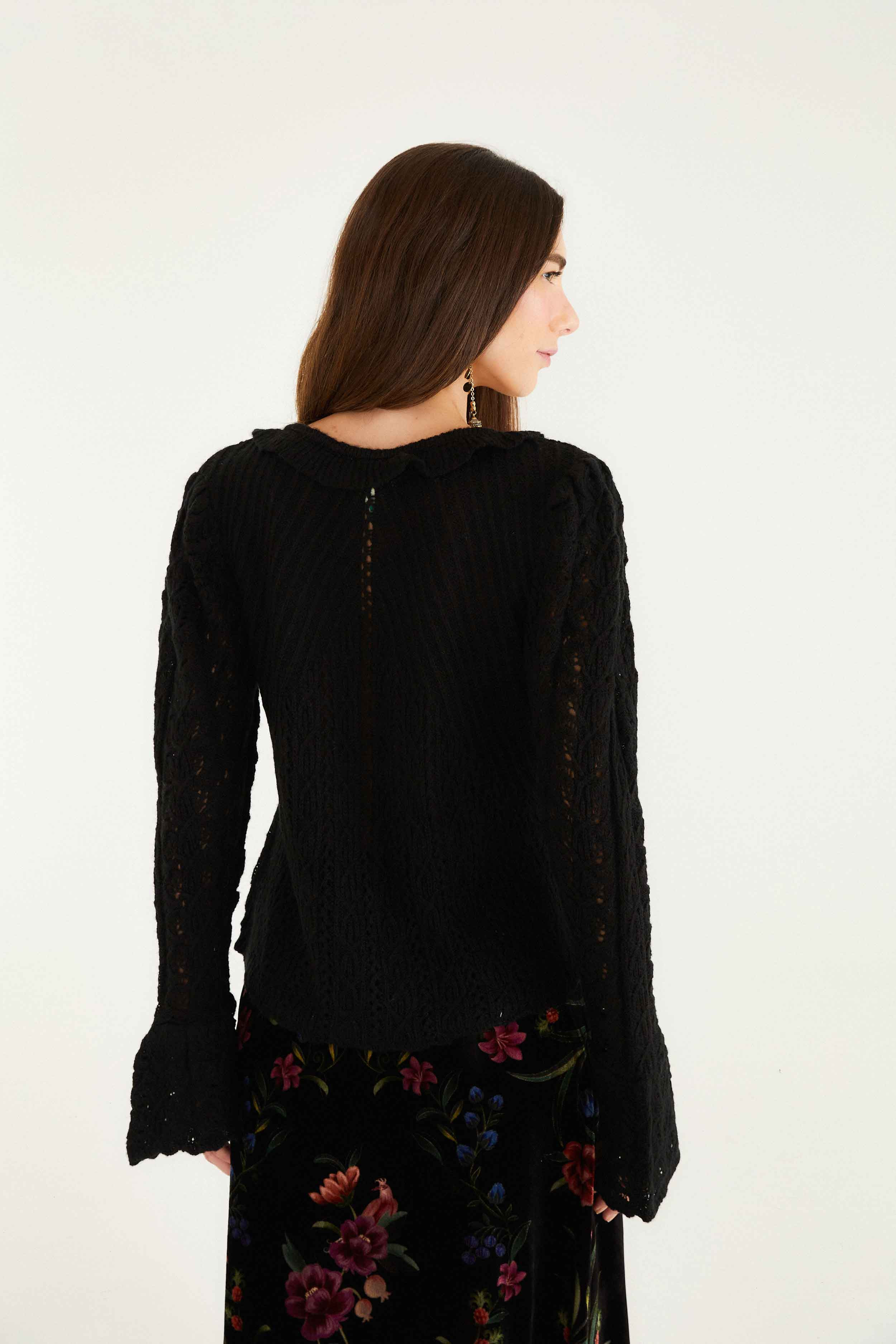 Black Lace Ruffled Knit Cardigan - 3