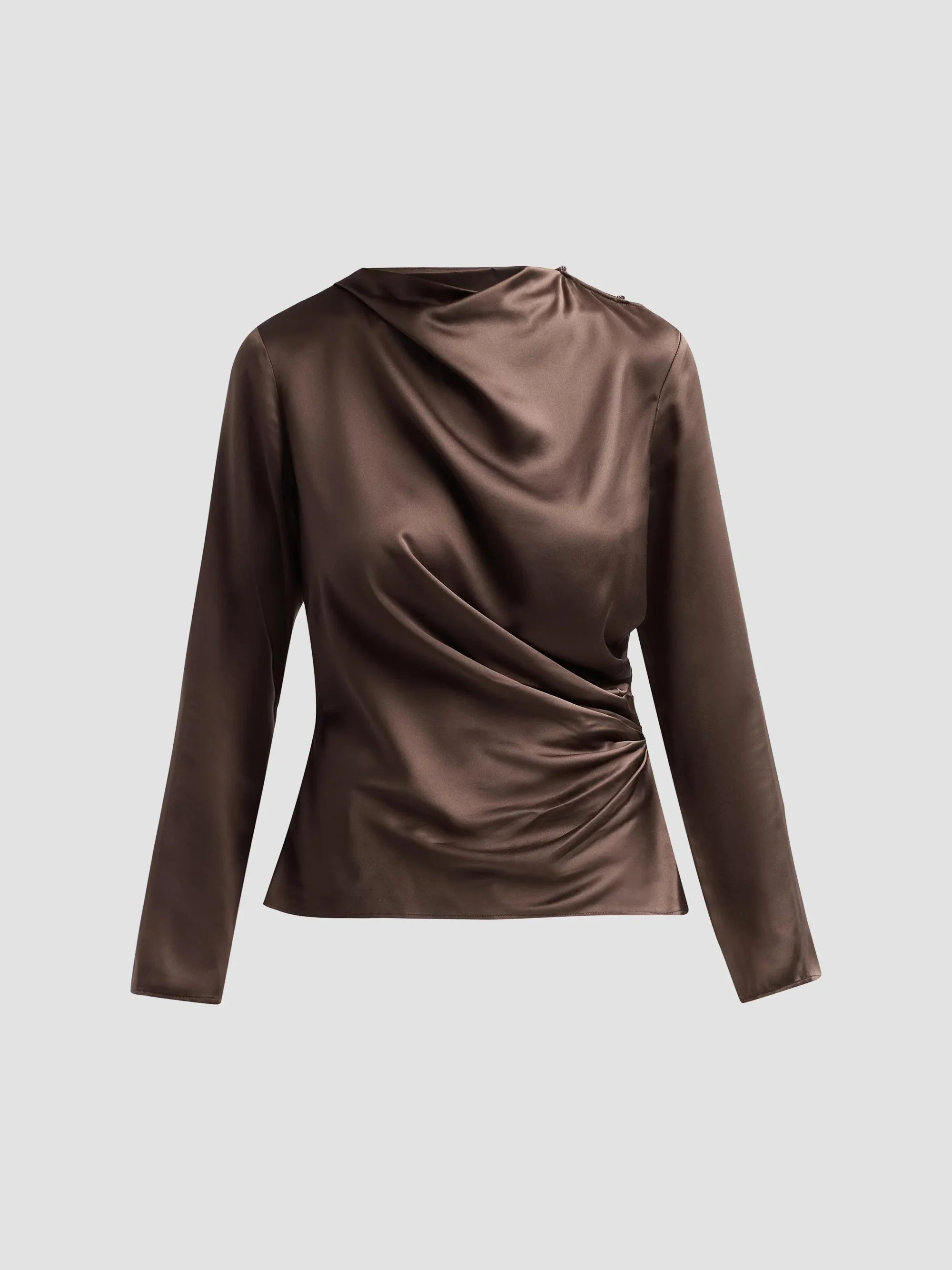 Women's Anya Draped Satin Long-Sleeve Top - Brown - 1