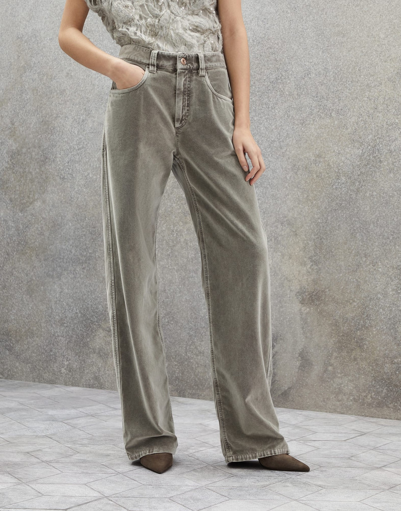 Garment-dyed five-pocket loose trousers in cotton velvet with monili 1