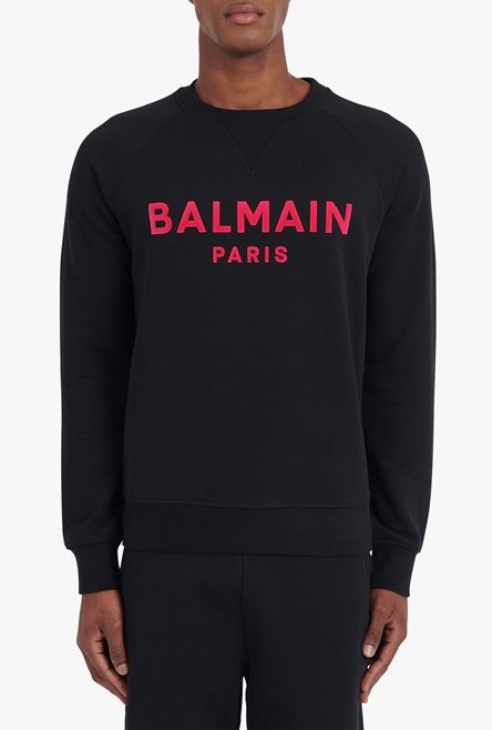 Black cotton sweatshirt with flocked fuchsia Balmain logo - 5