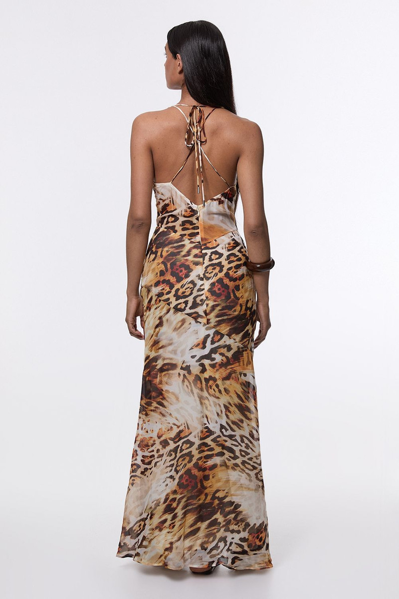 Sheer Viscose Georgette Sketchy Animal Deep V Woven Halter Neck Dress 5