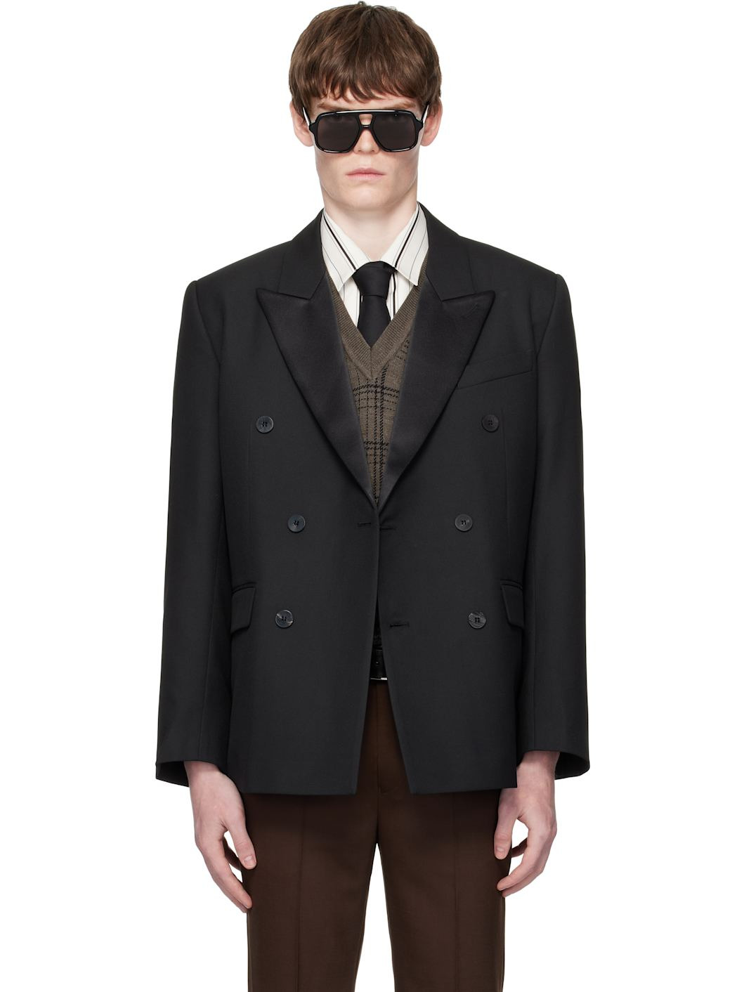 Black Double Breasted Tuxedo Blazer - 1