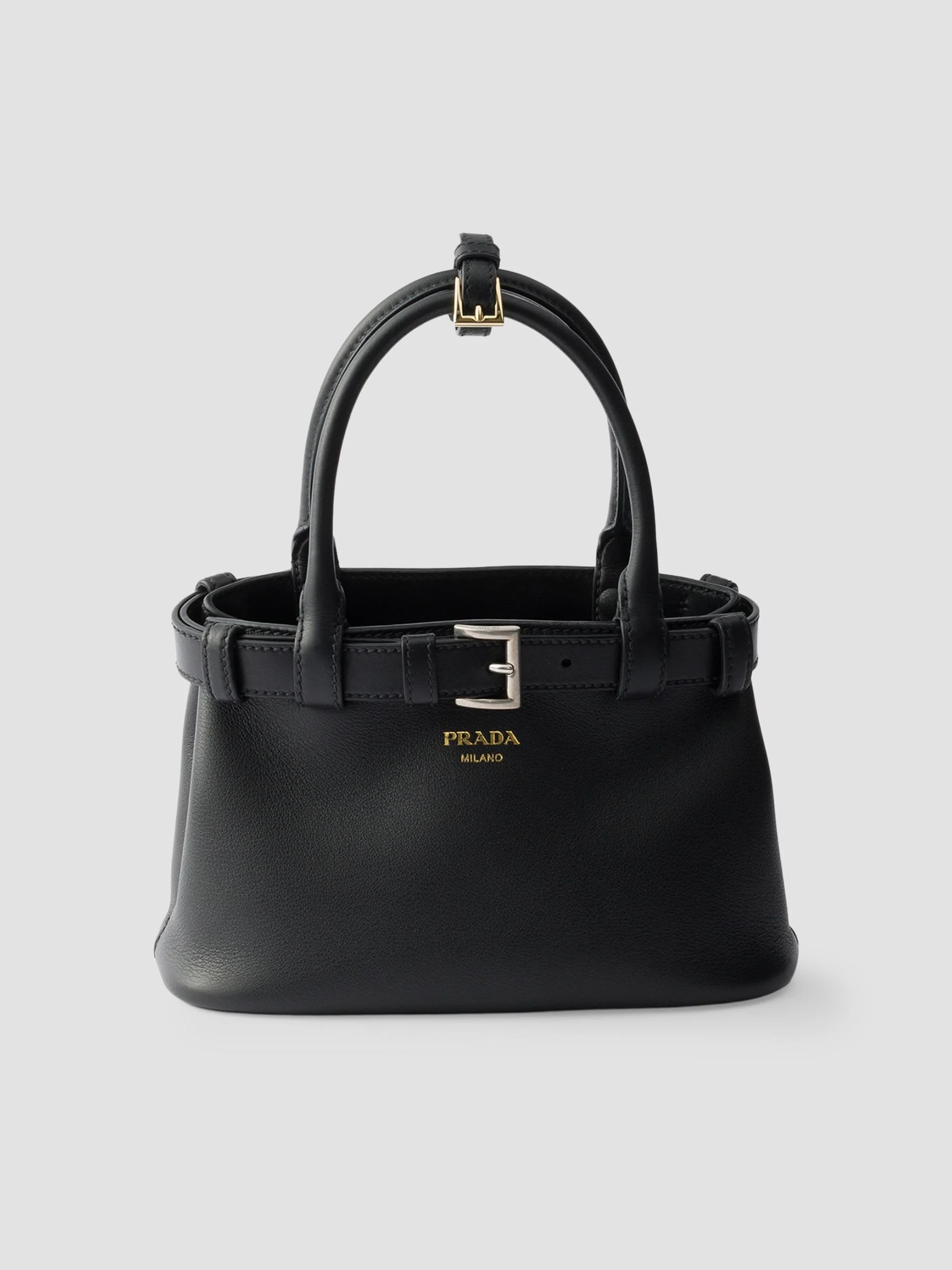 Women's Buckle Small Leather Top Handle Bag with Belt - Black - 1