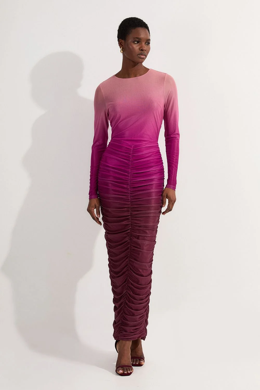 Petite Ombre Printed Mesh Ruched Long Sleeve Midi Dress - 1