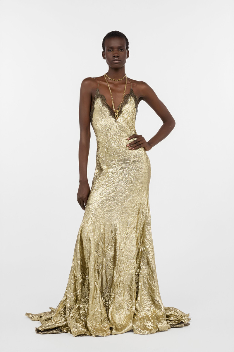 Roberto Cavalli Gold Maxi Dress in Craquelé Silk Blend outlook