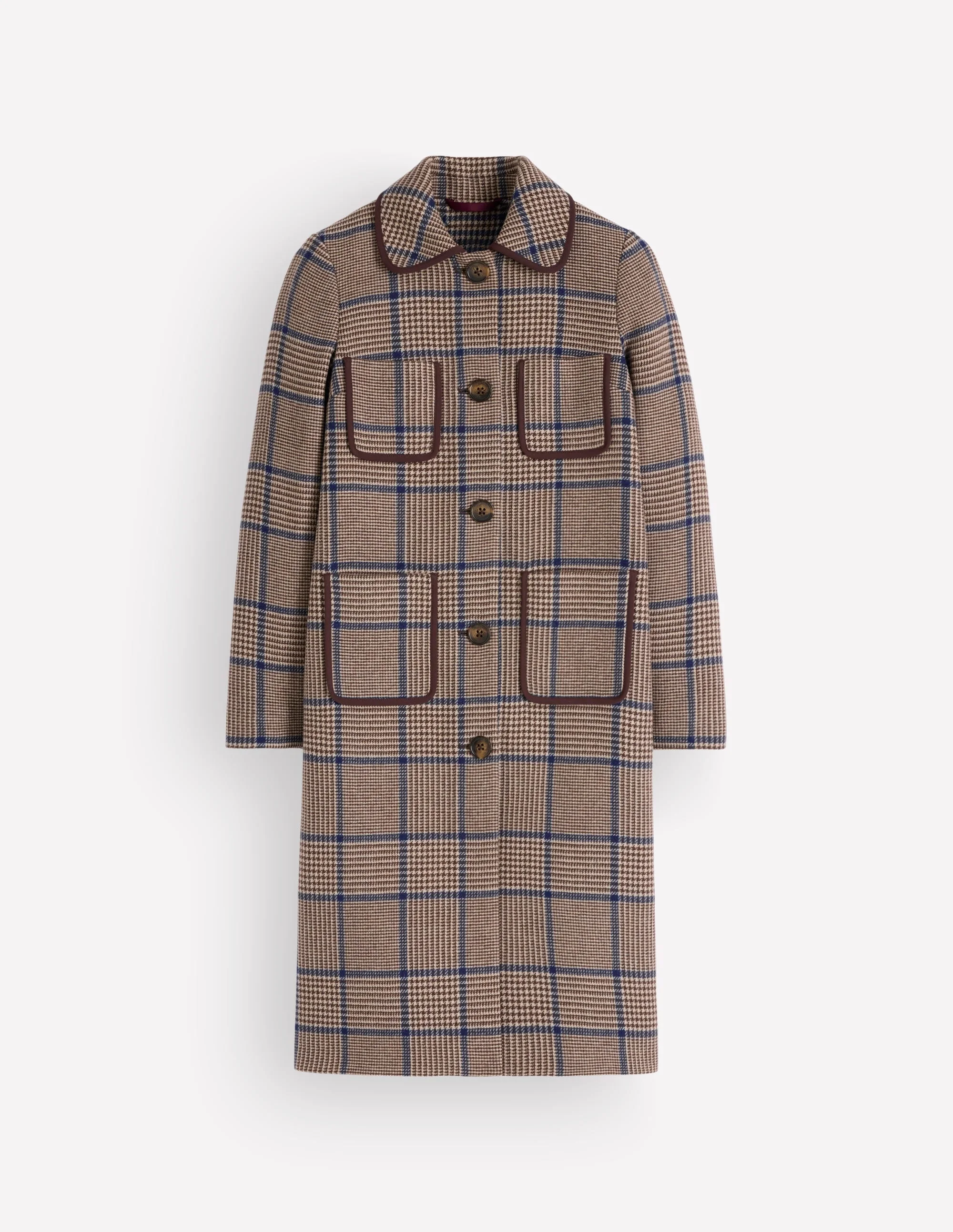 Patch Pocket Wool Blend Coat-Maroon, Teal Prince of Wales - 1