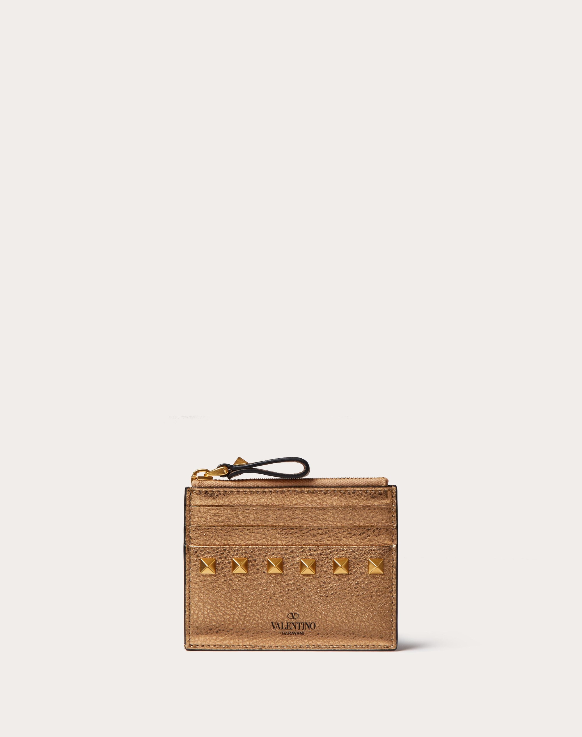ROCKSTUD METALLIC GRAINY CALFSKIN CARDHOLDER WITH ZIPPER - 1