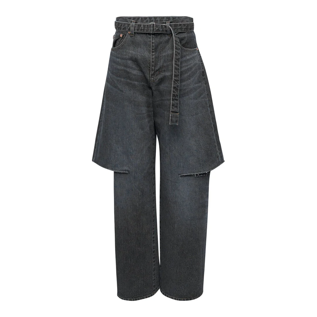 Layered Wide-Leg Denim Jeans - 1