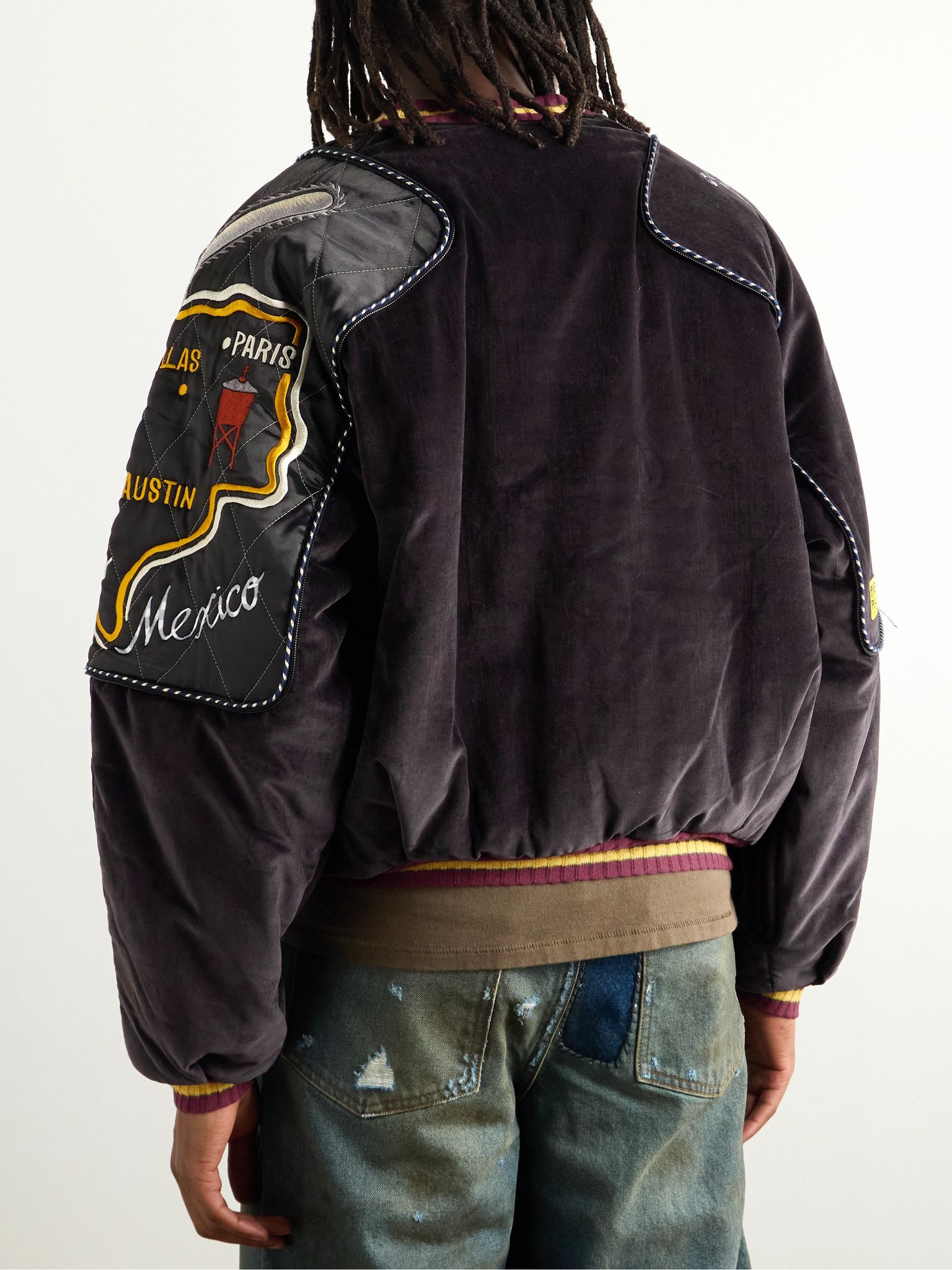 Embroidered Quilted Shell-Trimmed Cotton-Velvet Bomber Jacket Black - 3