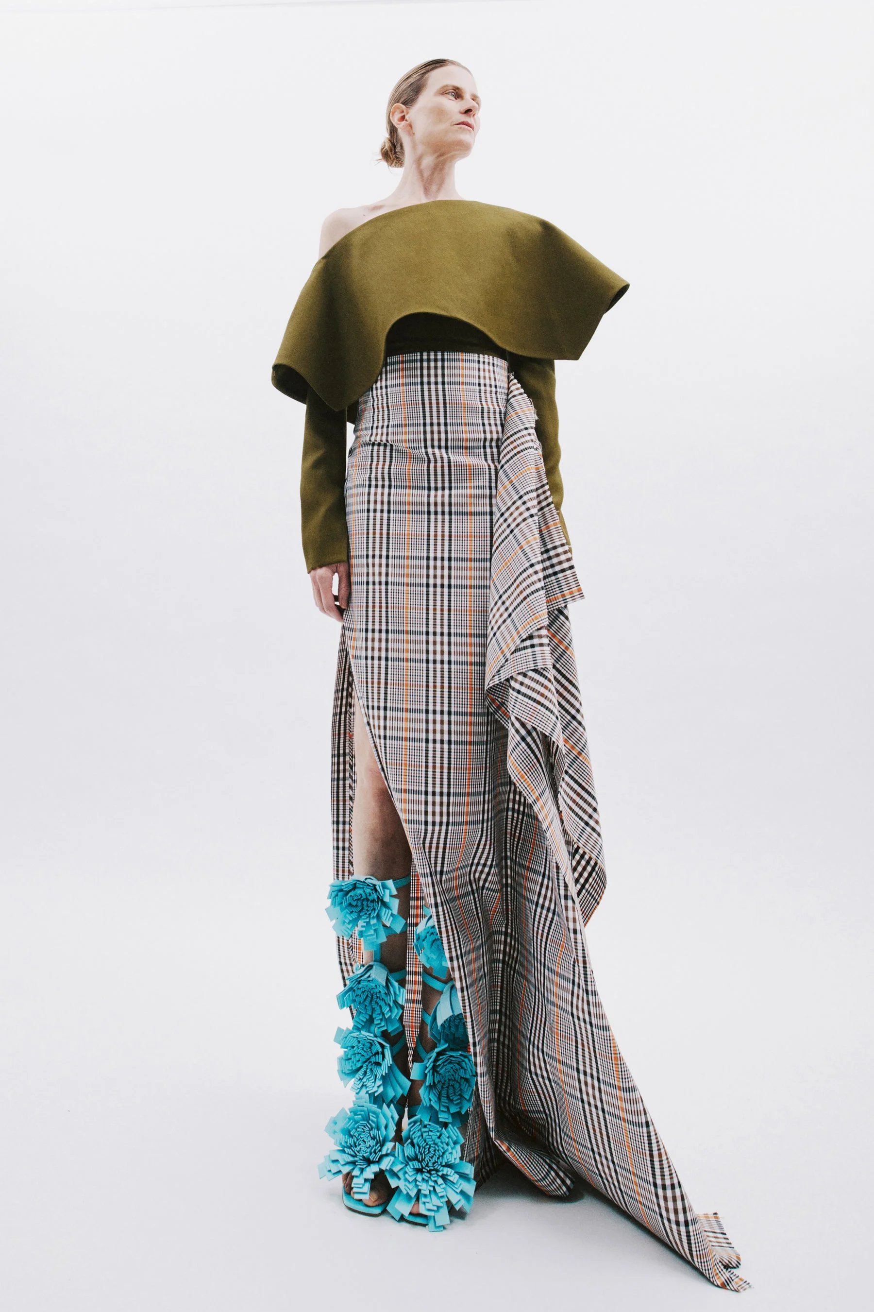 BACK TO FRONT ASYMMETRIC OVERSIZED COLLAR TOP KHAKI GREEN - 1