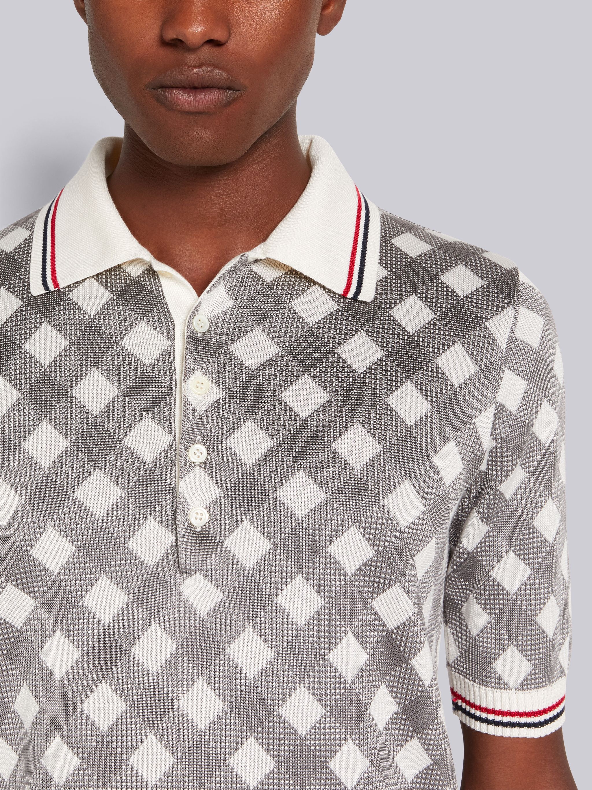 Light Grey Gingham Jacquard Cotton Silk Stripe Tipping Polo - 4