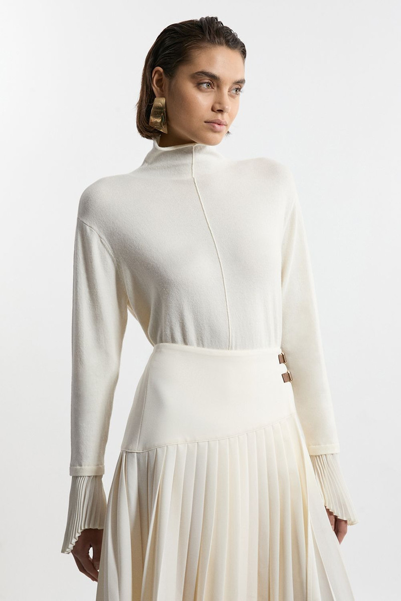 Wool and Alpaca Blend Knit Top With Pleated Silk Woven Cuffs 5