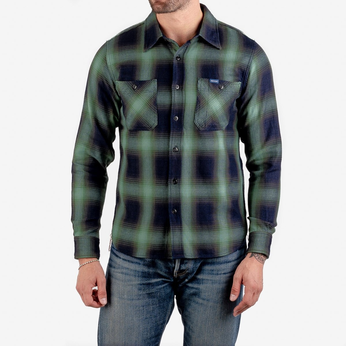 IHSH-349-GRN 9oz Selvedge Ombré Check Work Shirt - Green - 2