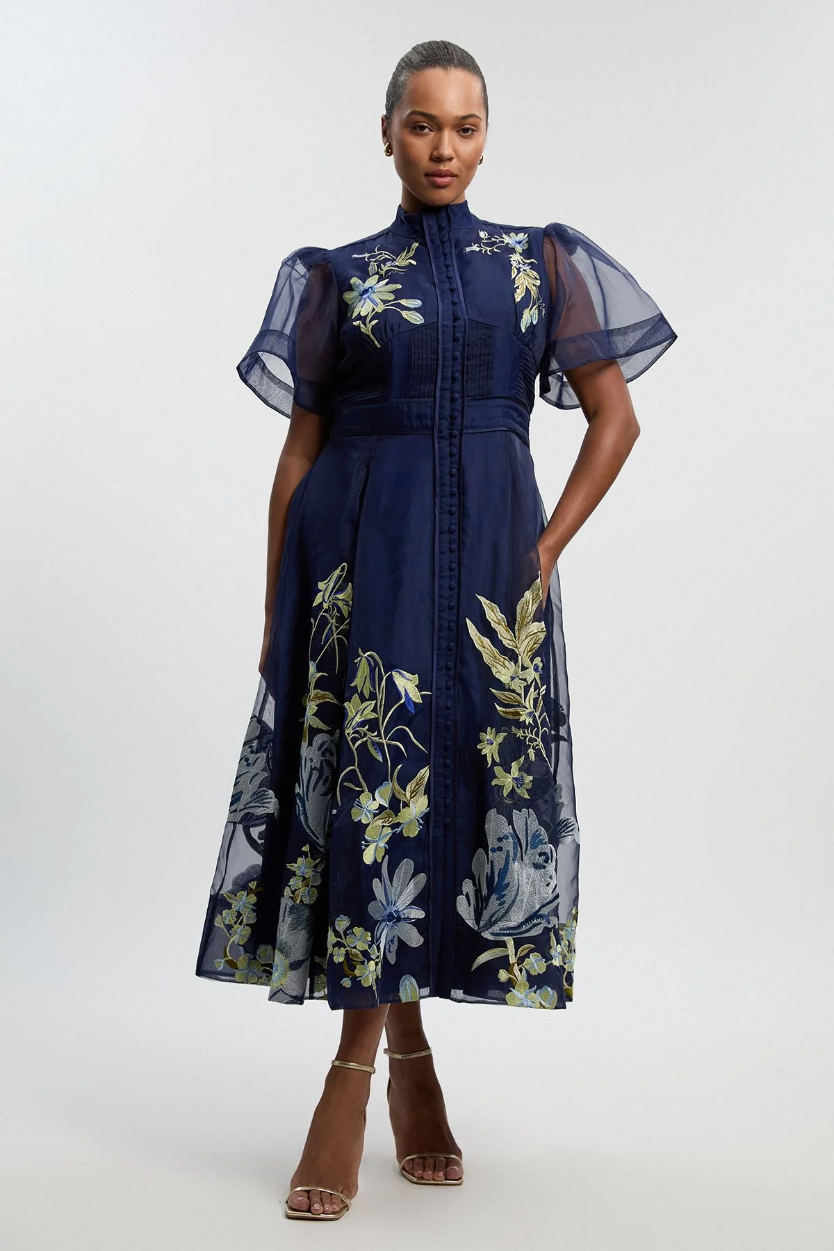 Plus Size Botanical Embroidery Organdie Angel Sleeve Midi Dress - 1