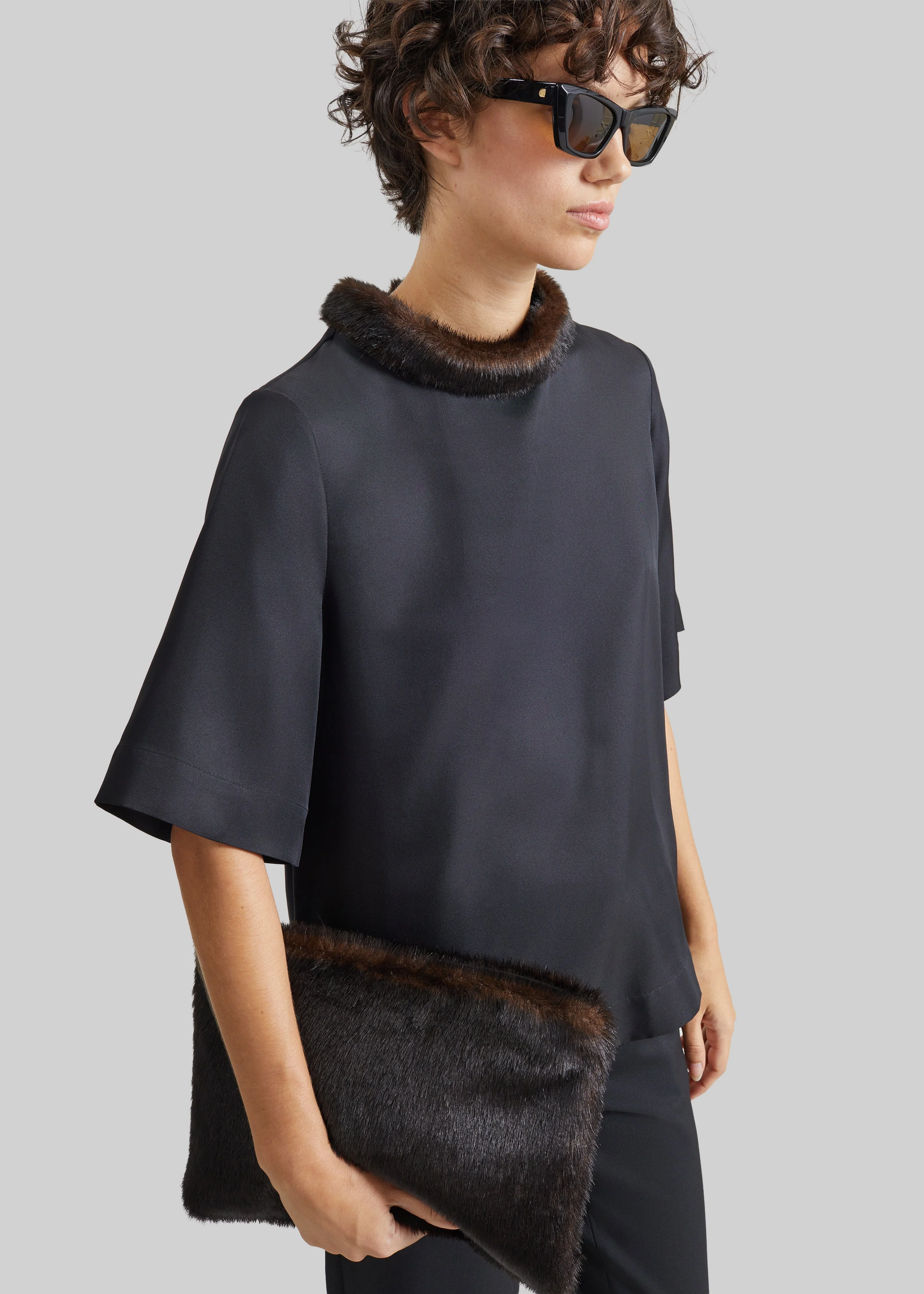 Loulou de Saison Dana Faux Fur Collar Top - Black/Grizzly - 1