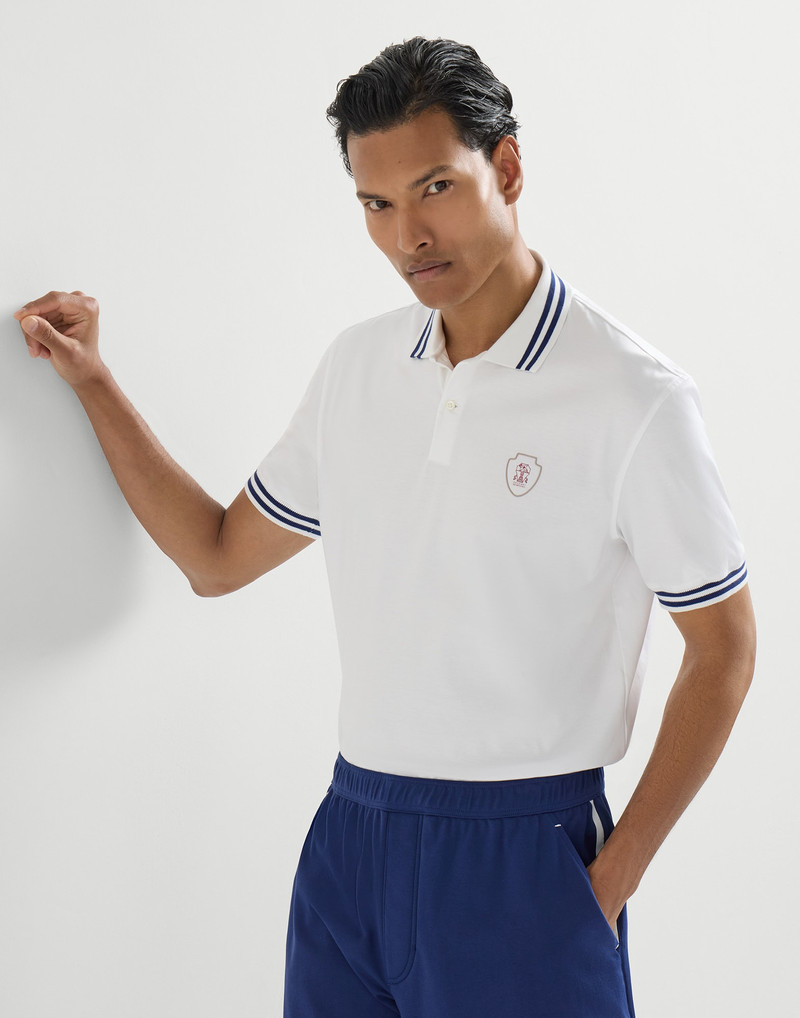 Cotton jersey polo shirt with striped collar and logo 5