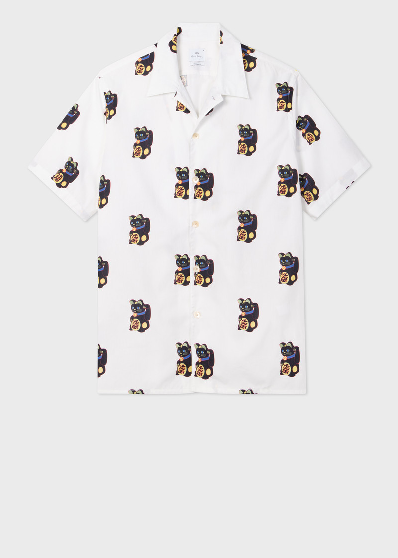 White 'Lucky Cat' Print Short-Sleeve Shirt 1