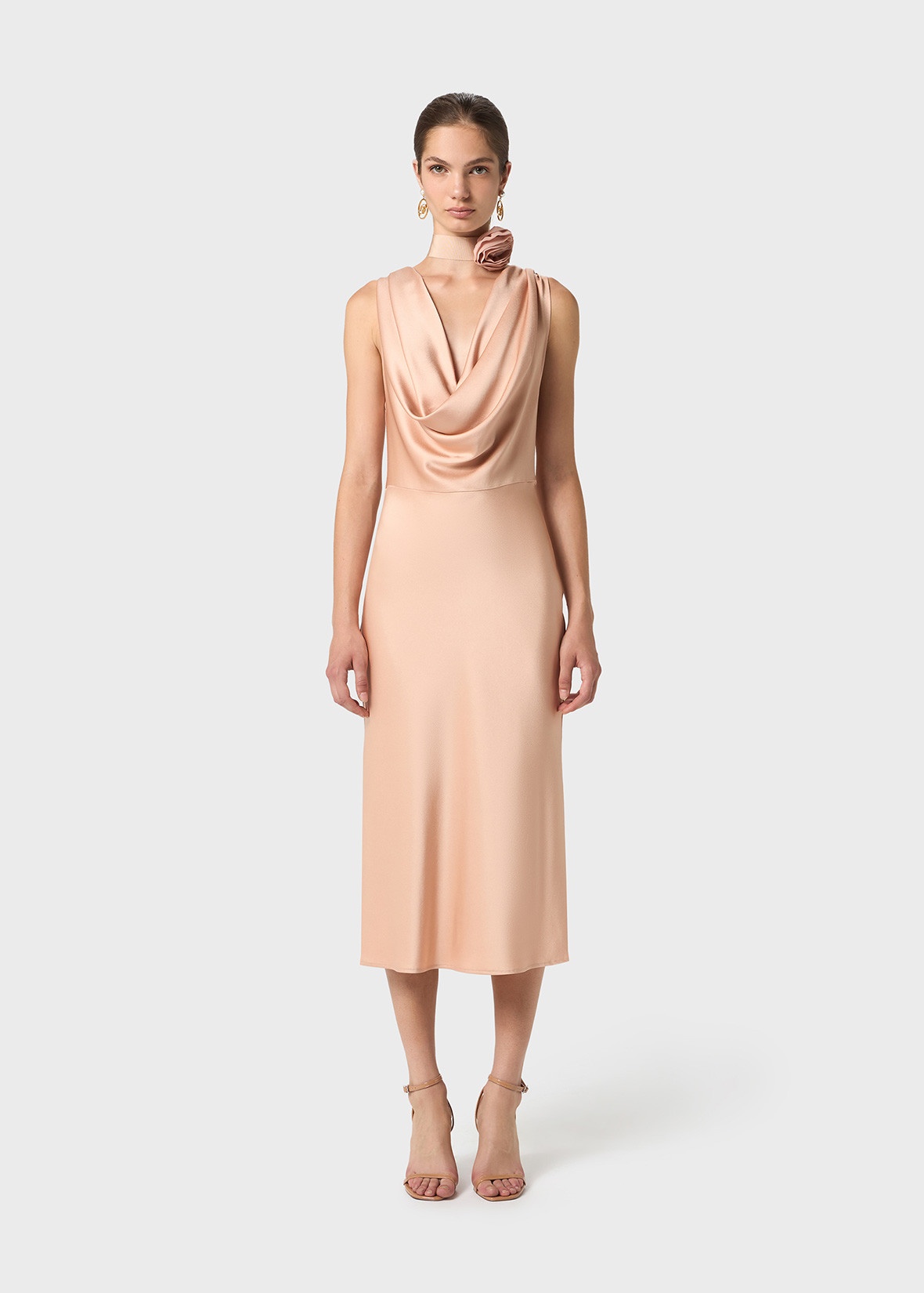 MIDI DRESS IN SHINY SATIN WITH DRAPED NECKLINE - 3