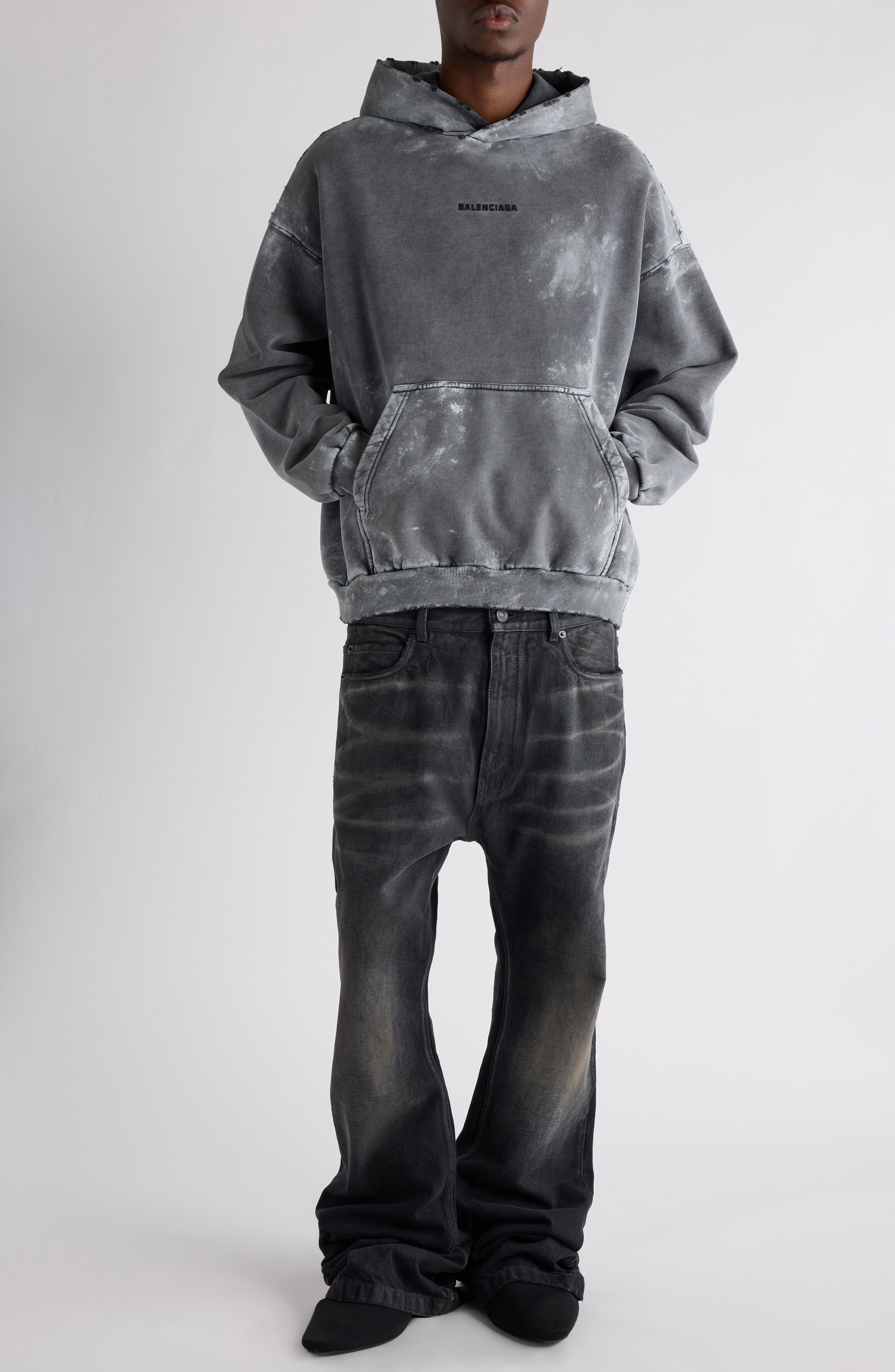 Balenciaga Medium Fit Distressed Archetype Fleece Hoodie in Sup Faded Wash Black/Black at Nordstrom - 2