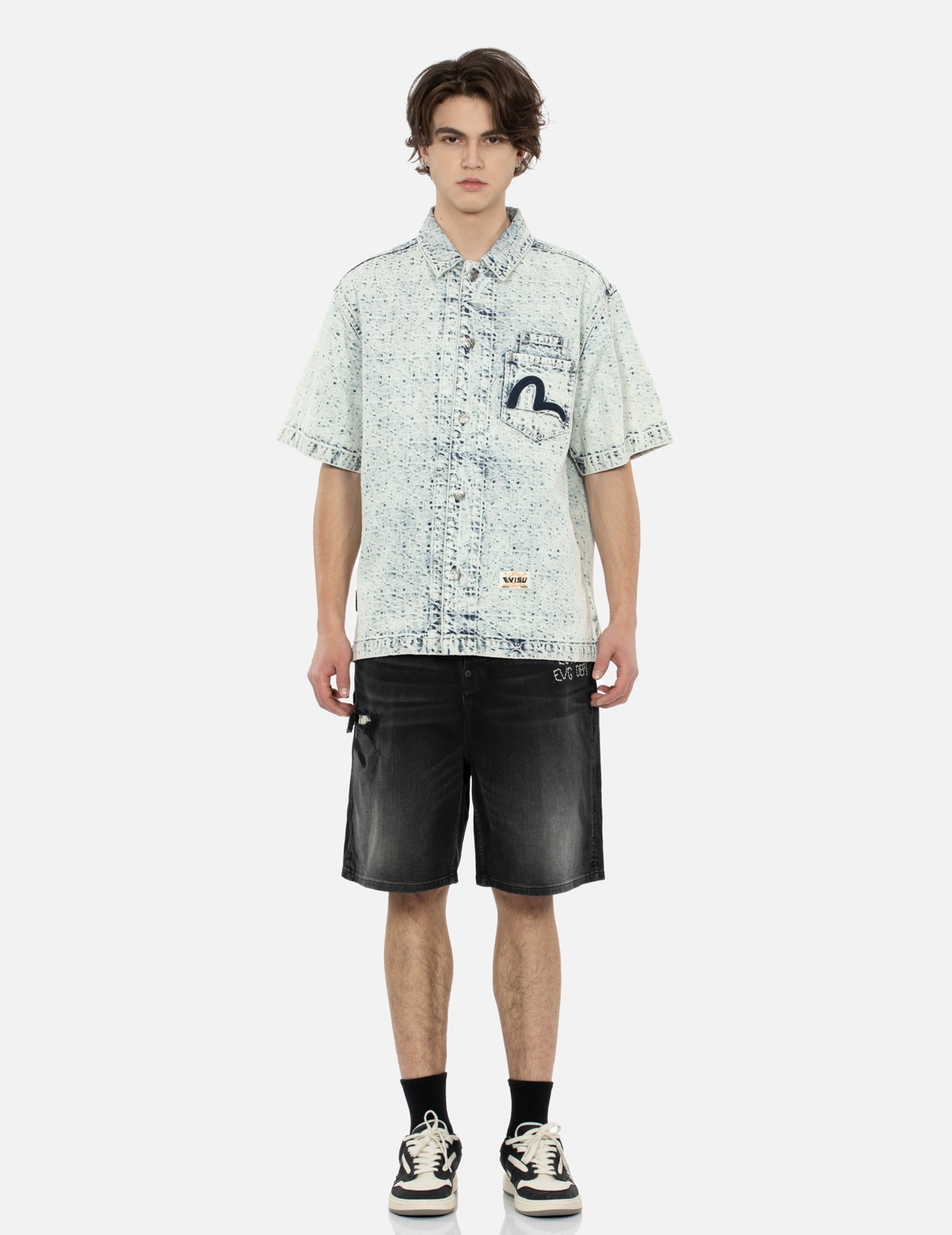 WASHED ALLOVER KAMON JACQUARD AND SEAGULL EMBROIDERY BOXY DENIM SHIRT - 5