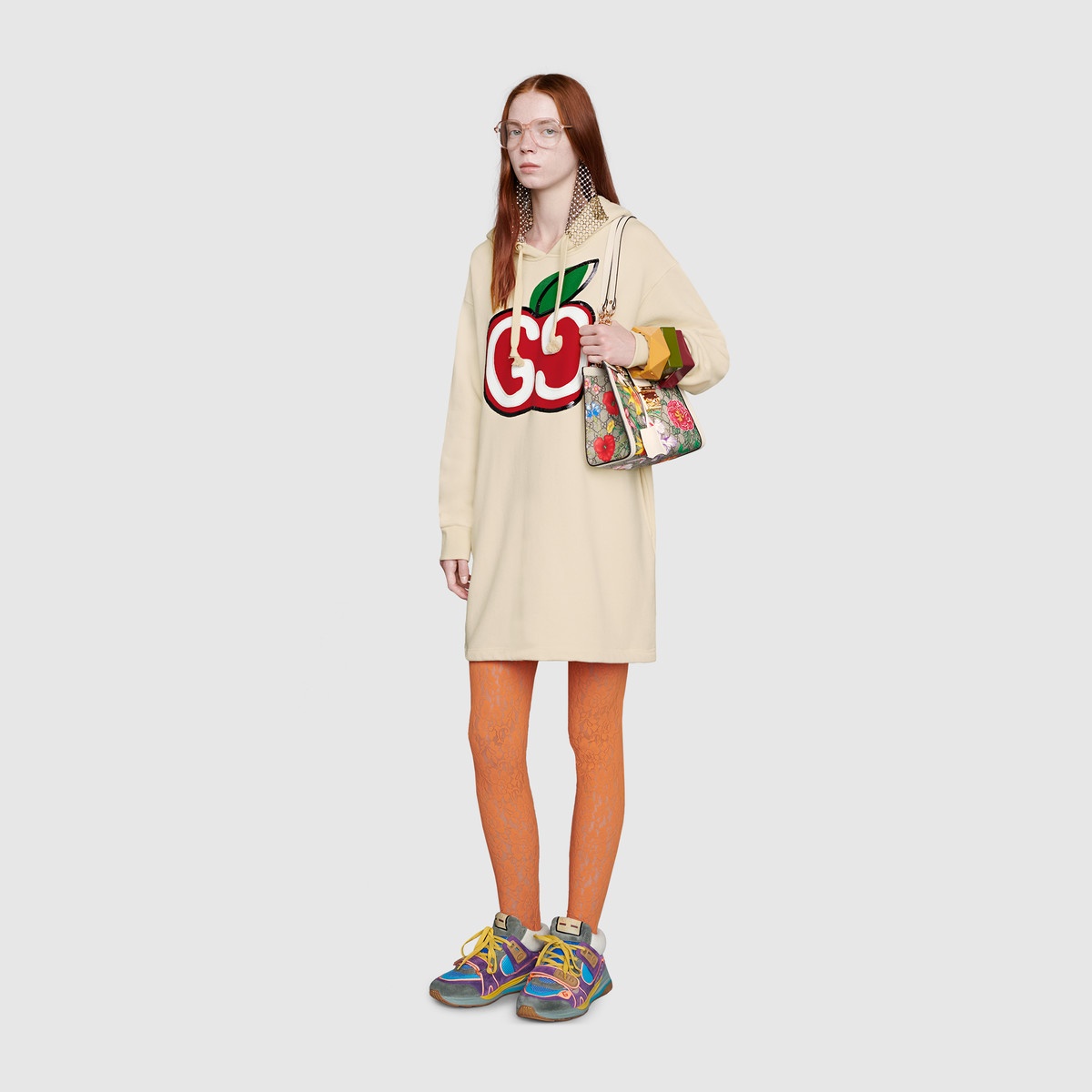 Hooded dress with GG apple print - 2