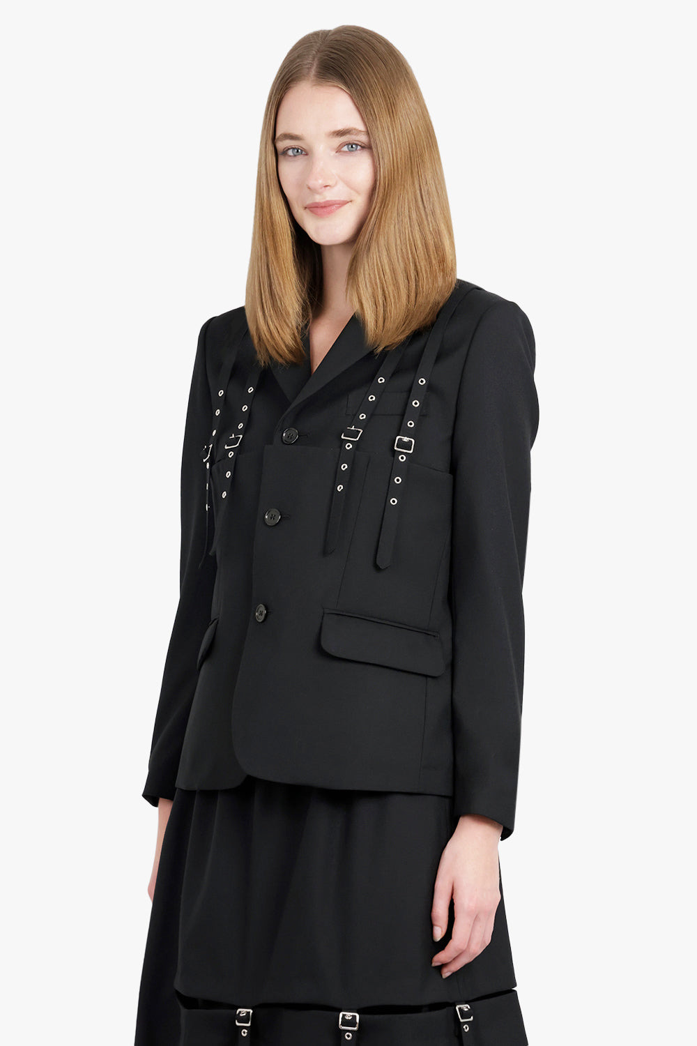 SINGLE BREASTED SUSPENDER DETAIL JACKET | BLACK - 7
