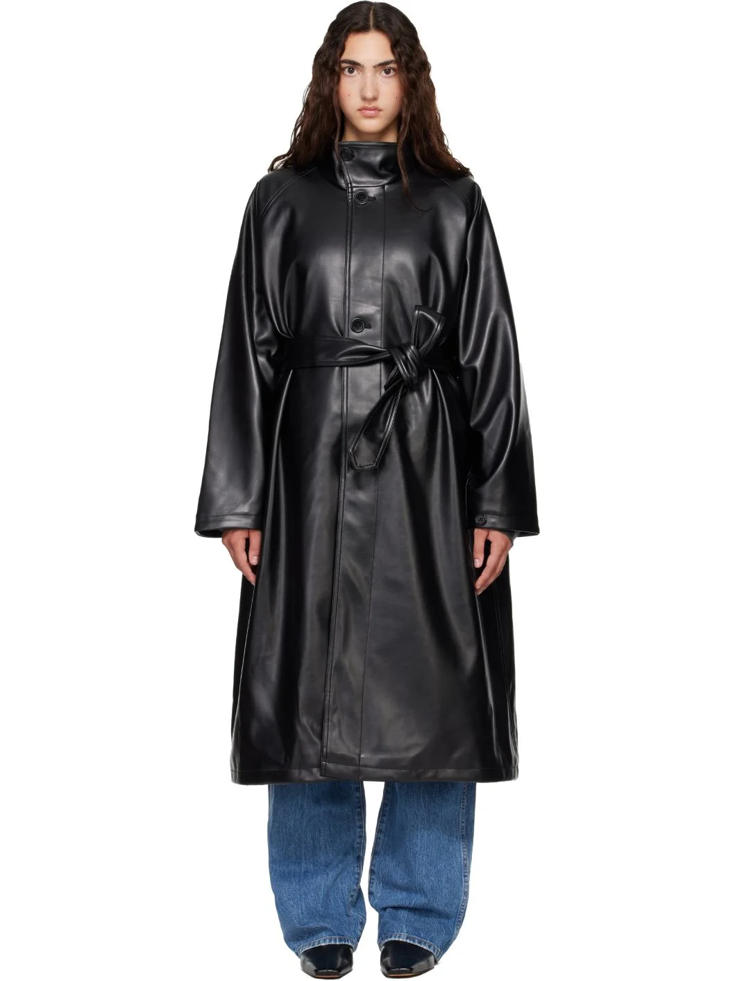 Black Calen Faux-Leather Trench Coat - 1