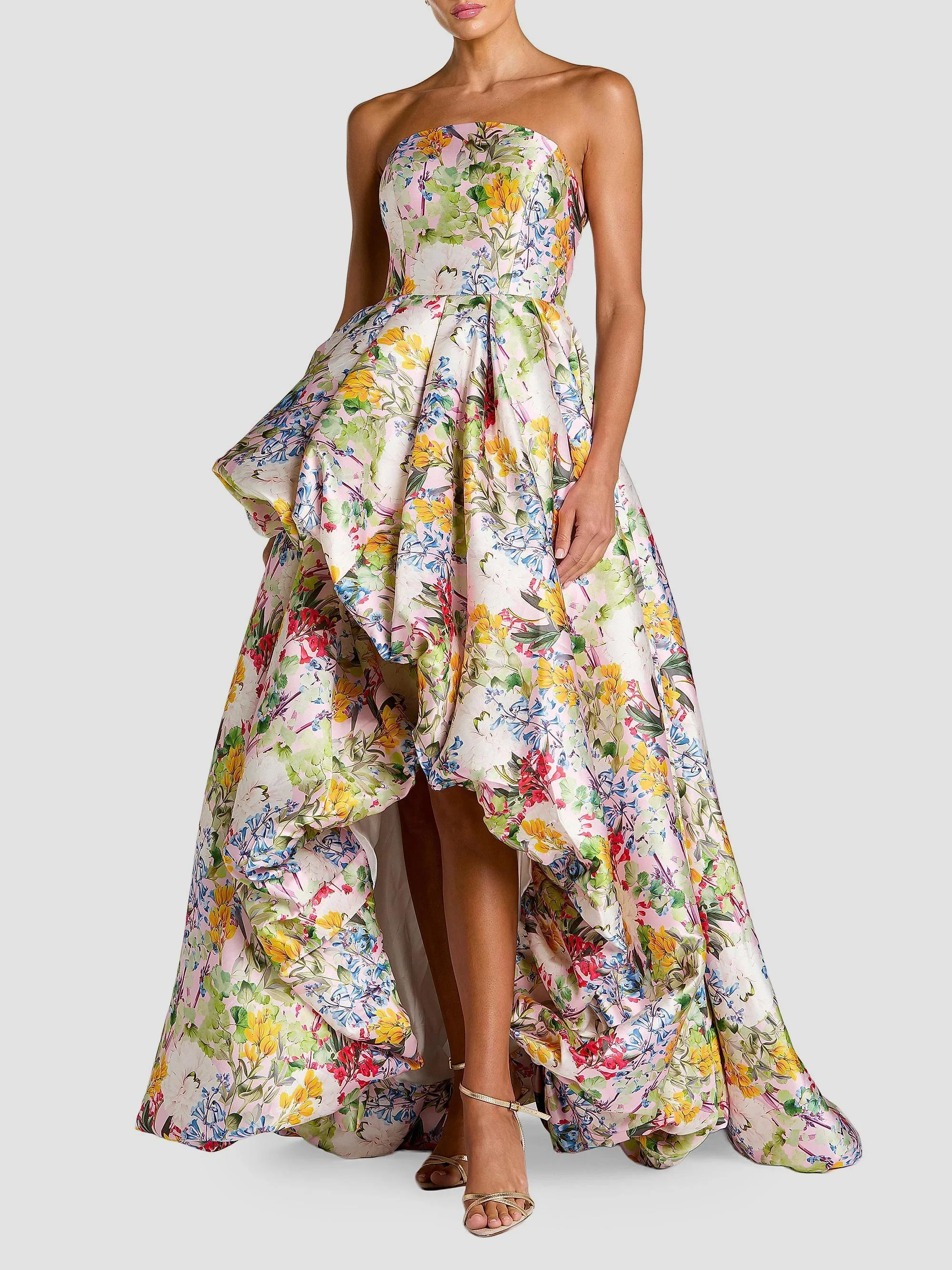 Women's Floral Mikado Strapless High-Low Bubble Hem Gown - Pastel Multi - 1