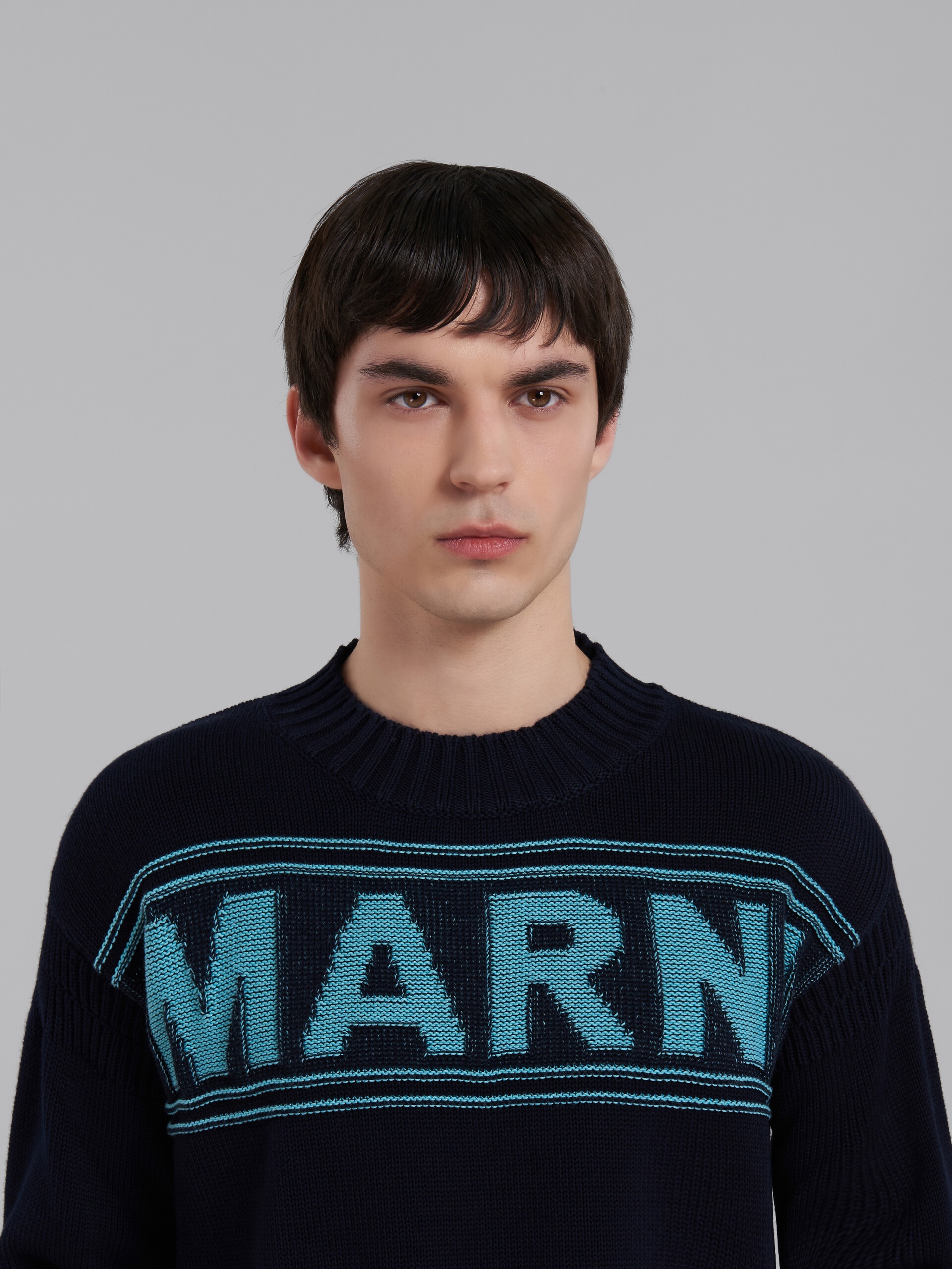 BLACK COTTON-KNIT SWEATER WITH INLAID LOGO - 4