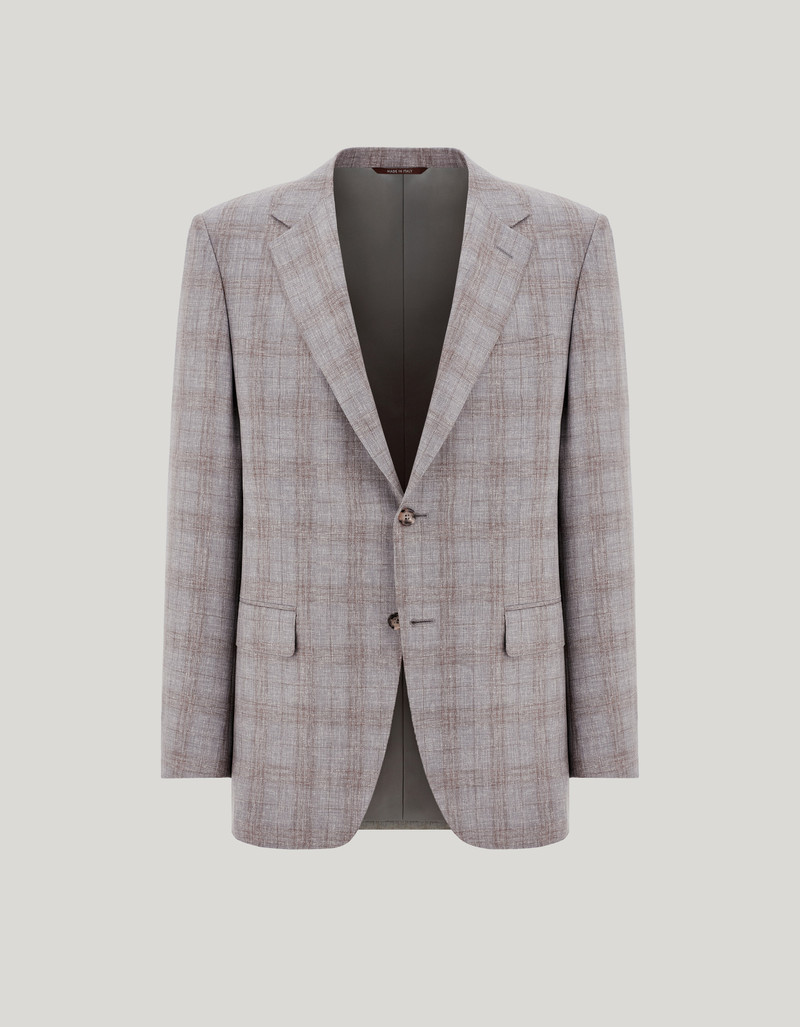 GRAY AND BROWN WOOL AND CASHMERE REGULAR-FIT JACKET WITH OVERCHECK MOTIF 1