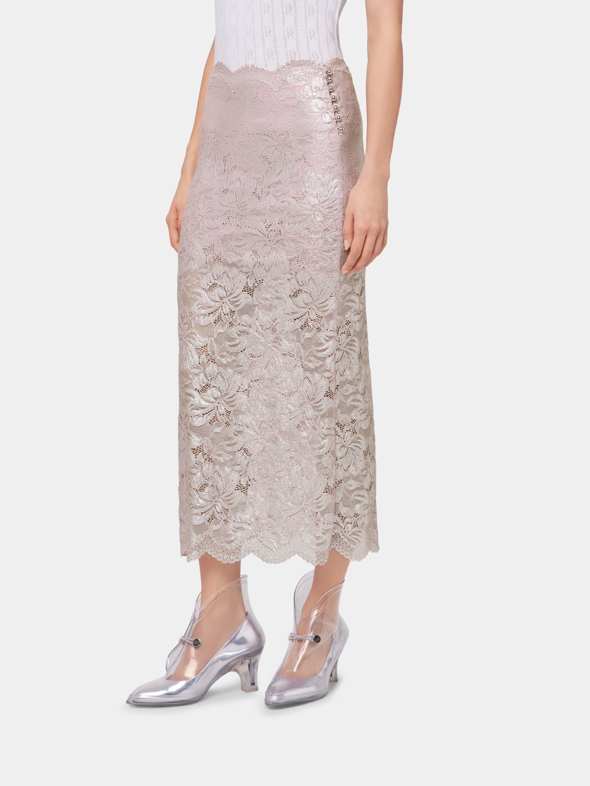 LIGHT PINK LONG SKIRT IN LACE WITH SILVER INDUCTION - 5