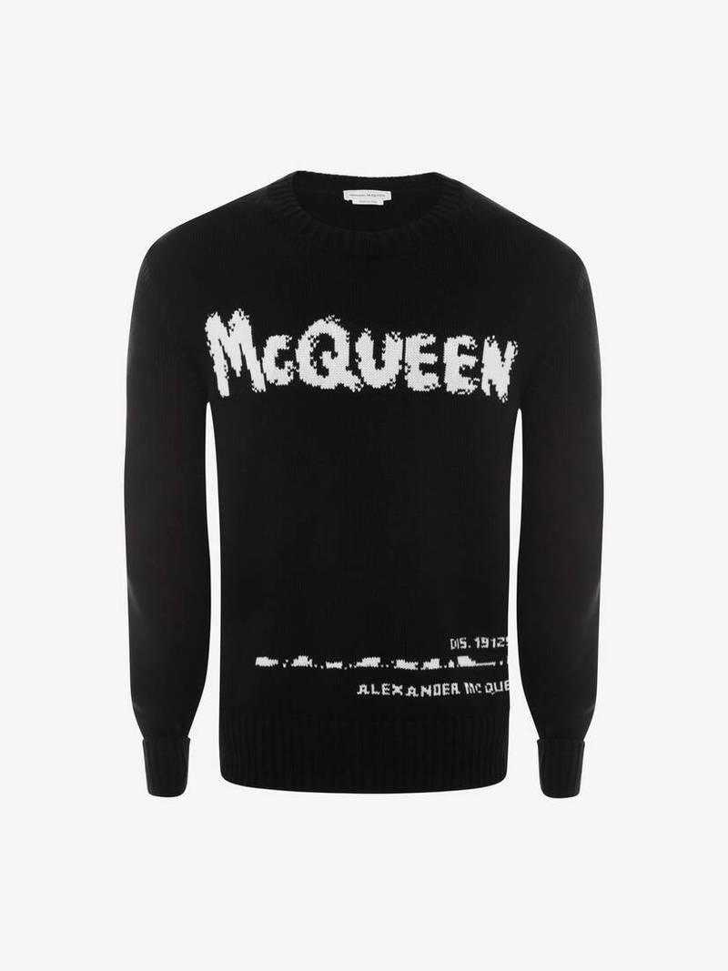 Men's McQueen Graffiti Crew Neck Sweater in Black 1