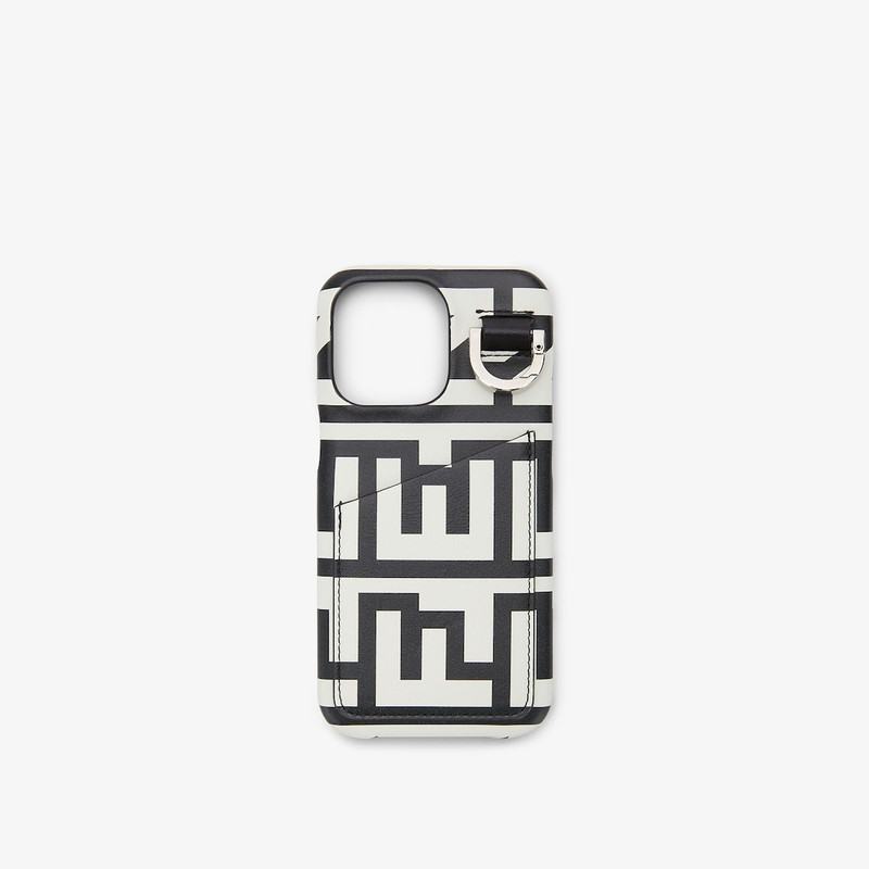 iPhone® 13 Pro case with ring. Made of leather printed with the Fendi Roma logo in black and white,  1
