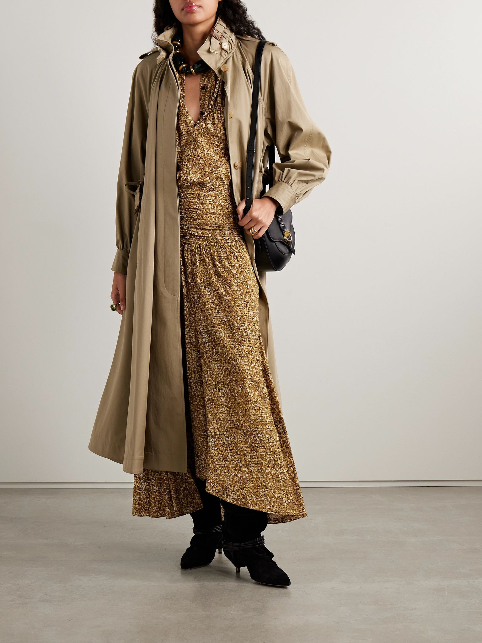 Syana ruched printed stretch-silk crepe de chine maxi skirt Brown - 2