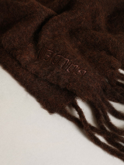 Golden Goose Coffee-colored wool scarf with fringe and ‘Golden’ lettering outlook
