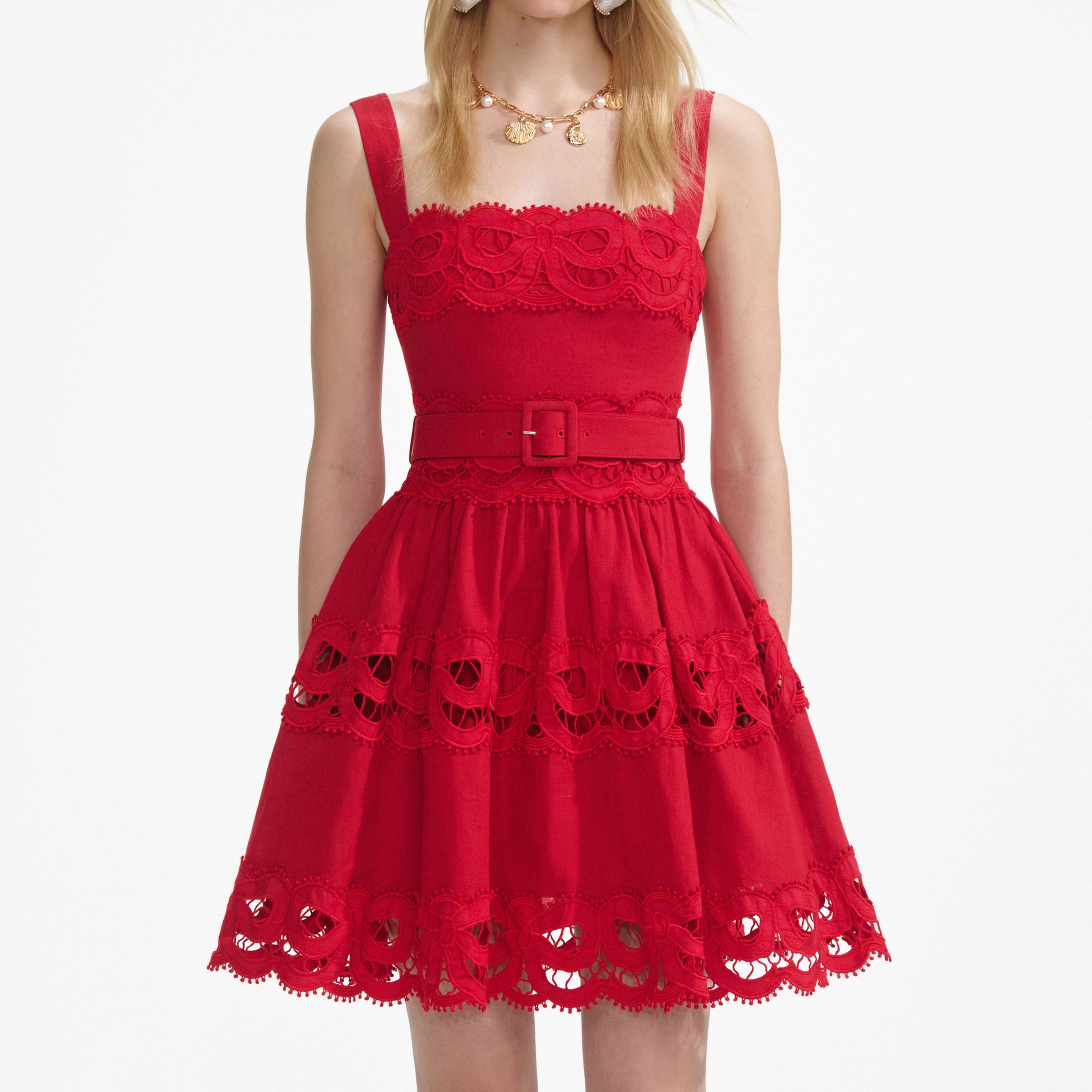 Red Linen Lace Insert Mini Dress - 4