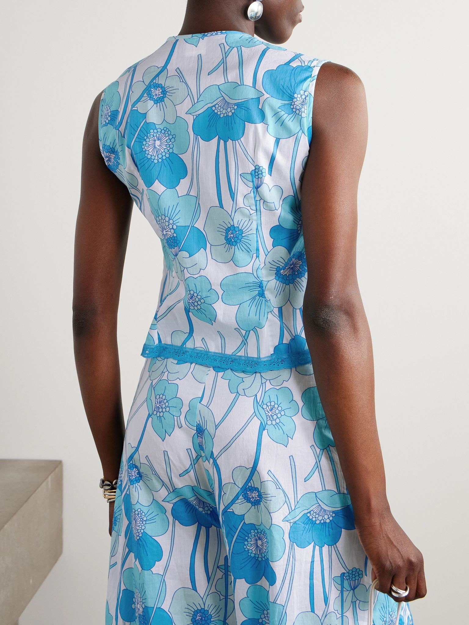 Lace-trimmed floral-print cotton-voile top Blue - 3